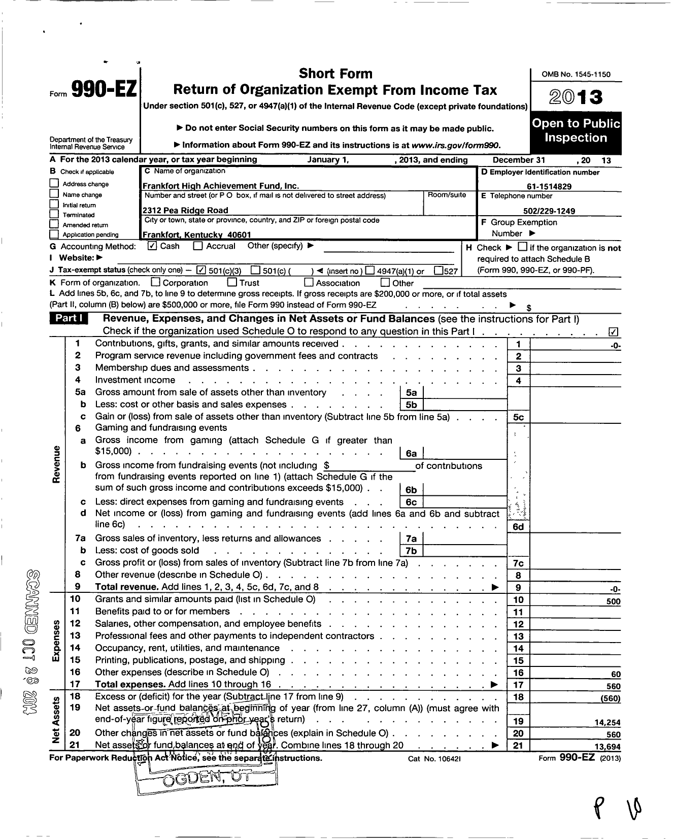 Image of first page of 2013 Form 990EZ for Frankfort High Achievement Fund