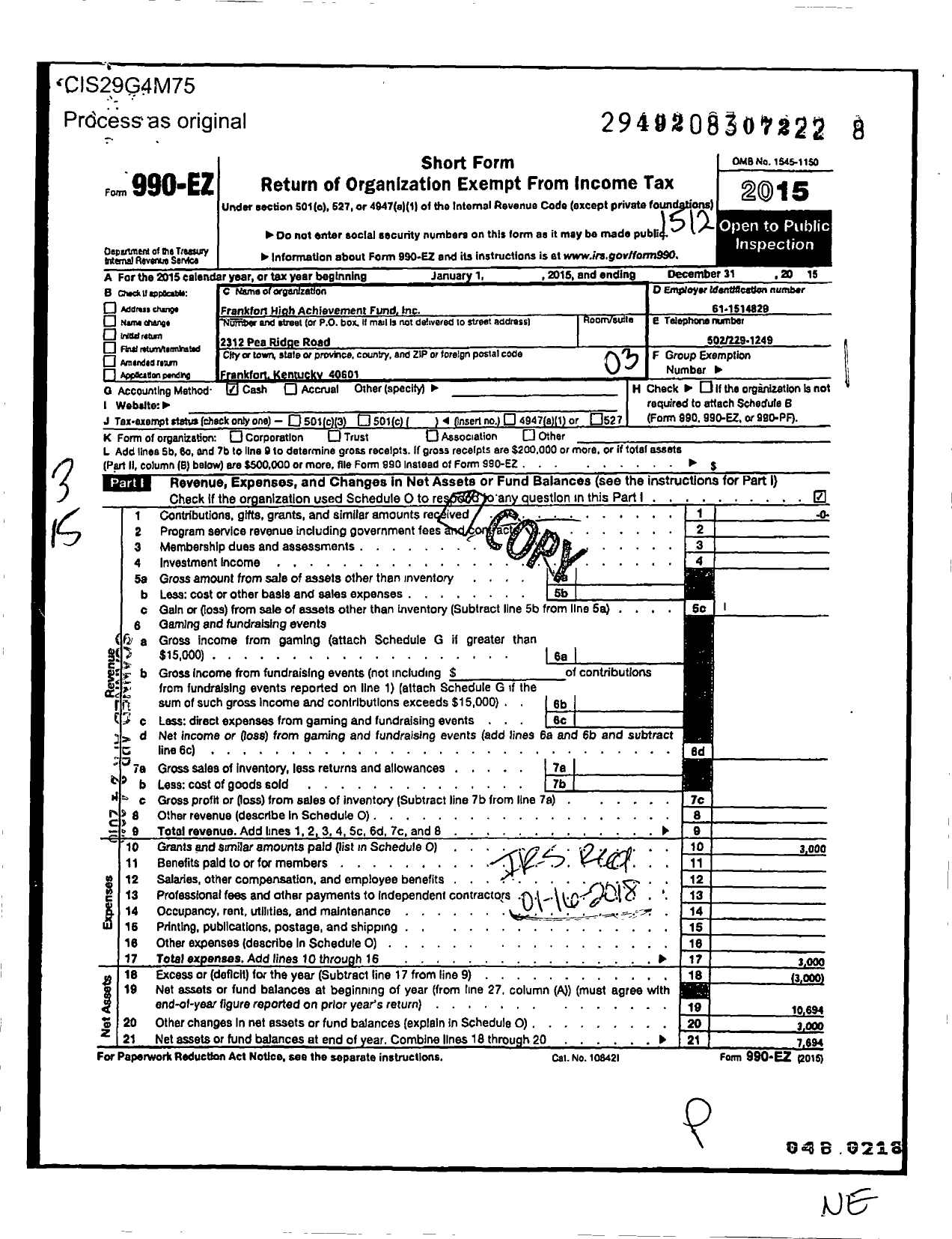 Image of first page of 2015 Form 990EZ for Frankfort High Achievement Fund