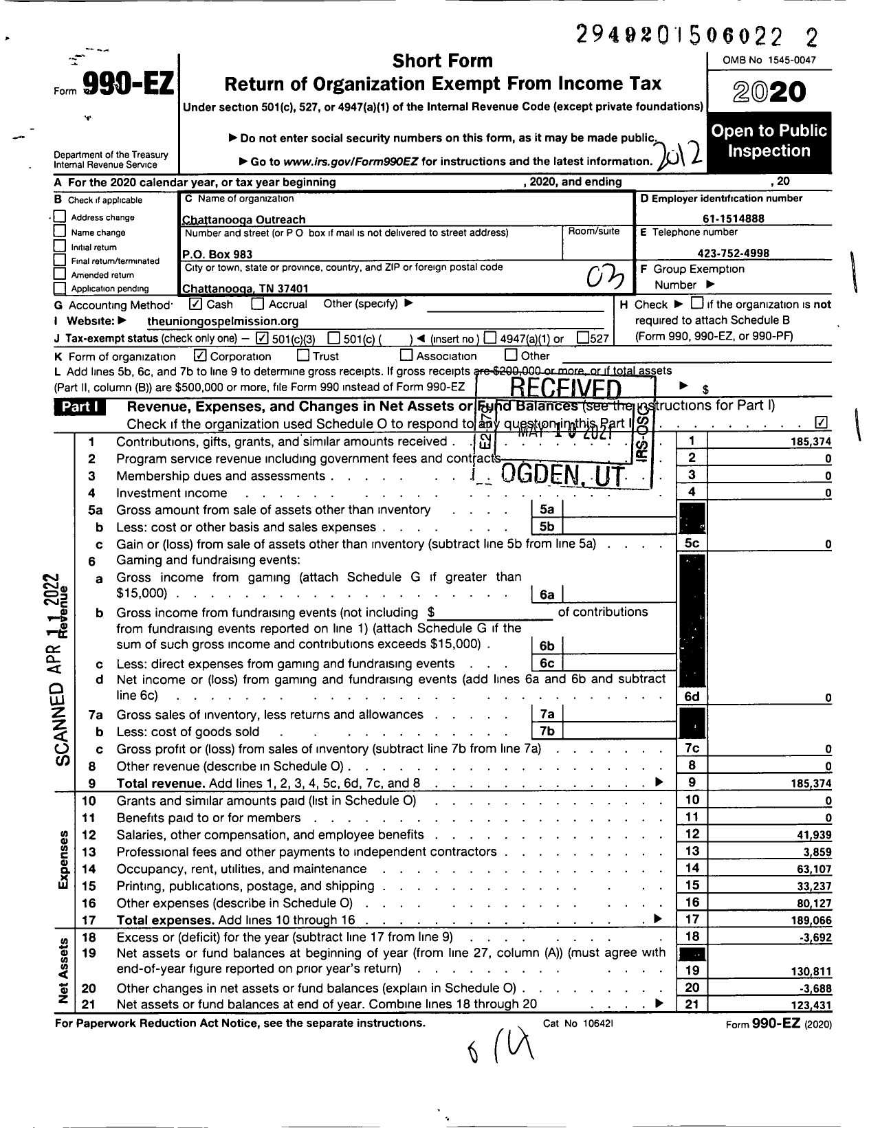 Image of first page of 2020 Form 990EZ for Union Gospel Mission / Chattanooga Outreach