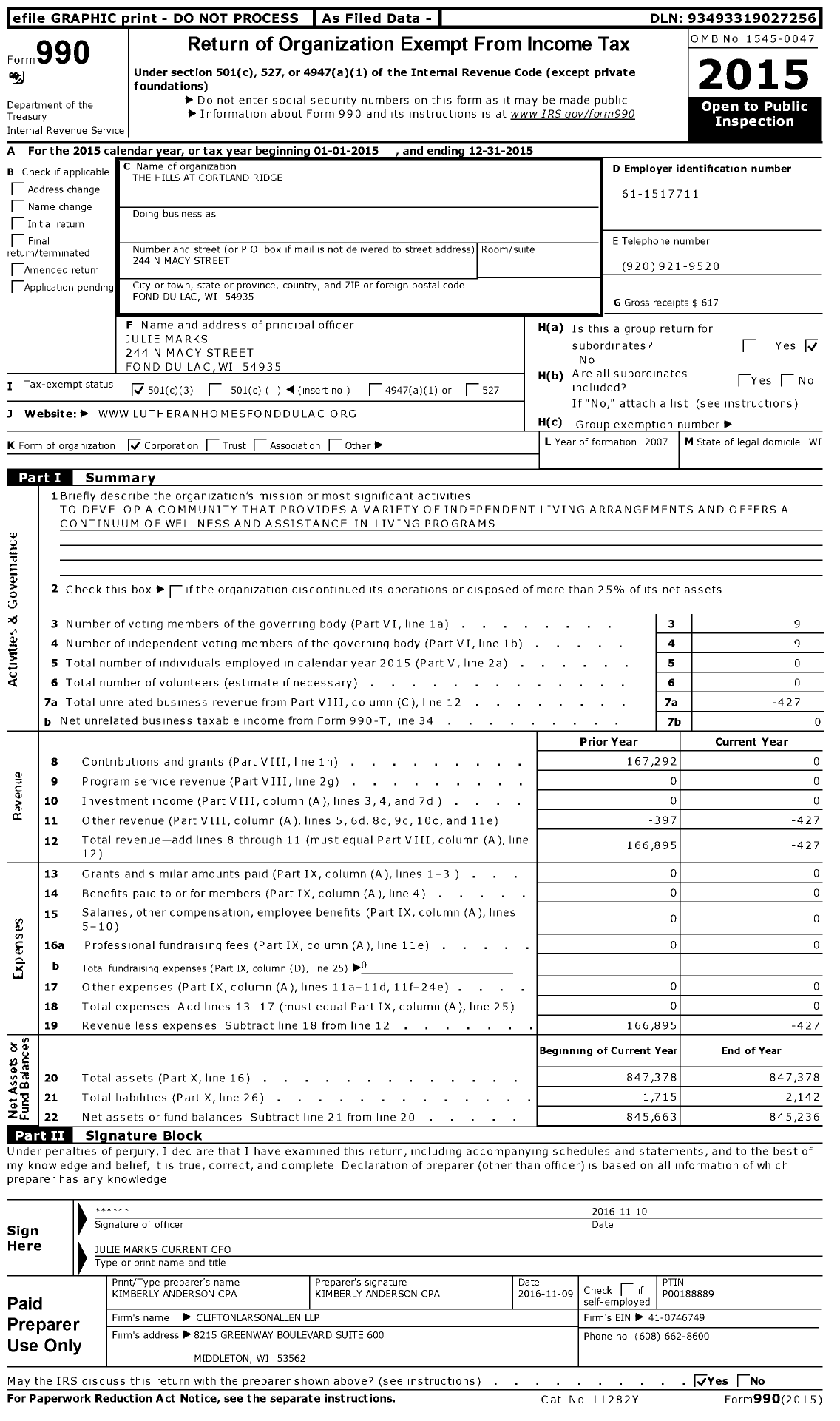 Image of first page of 2015 Form 990 for The Hills at Cortland Ridge