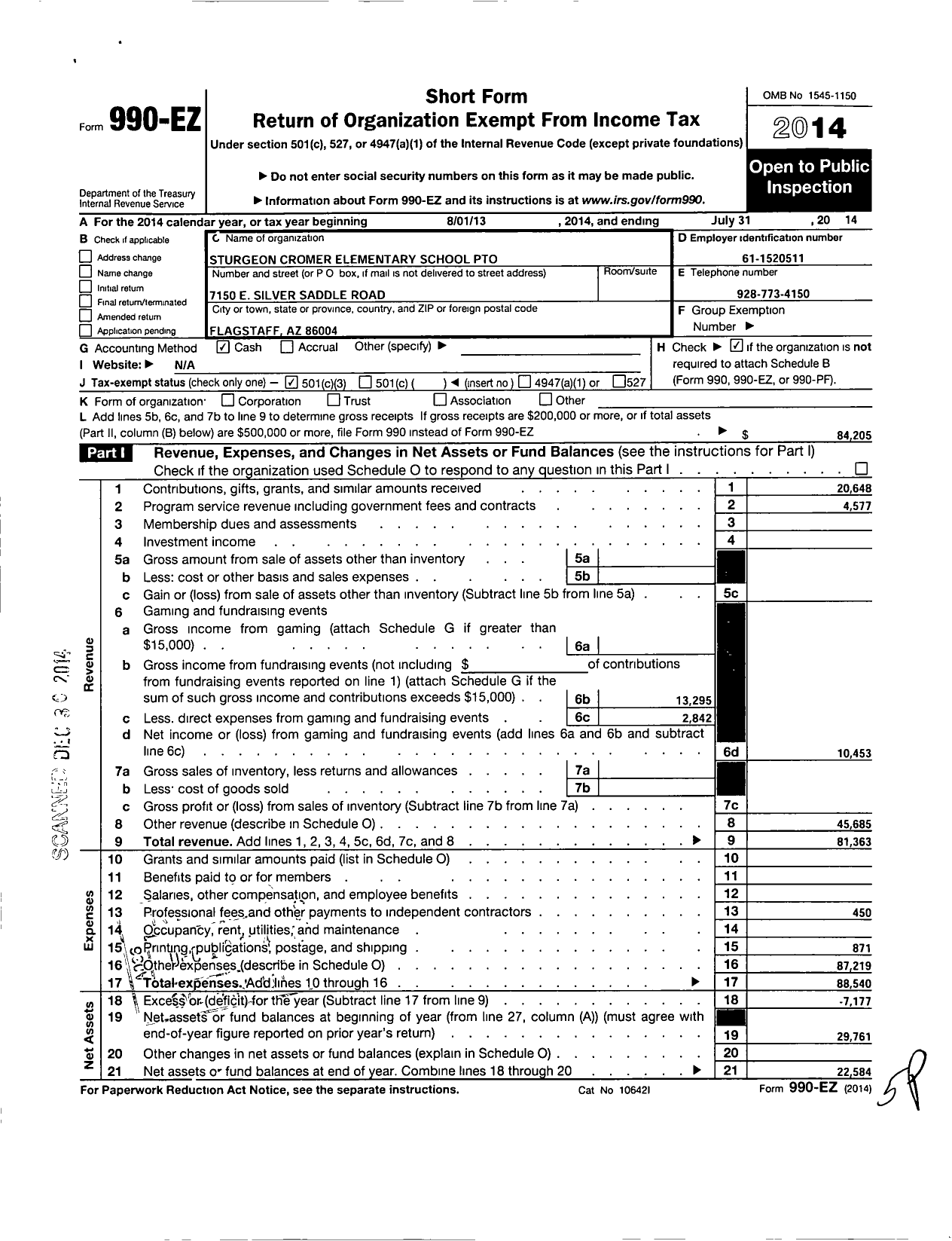 Image of first page of 2013 Form 990EZ for Sturgeon Cromer Elementary School Pto