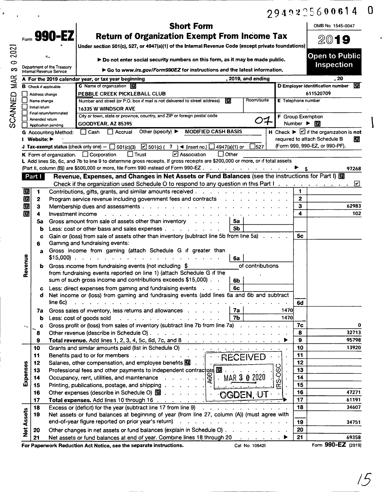 Image of first page of 2019 Form 990EO for Pebble Creek Pickleball Club