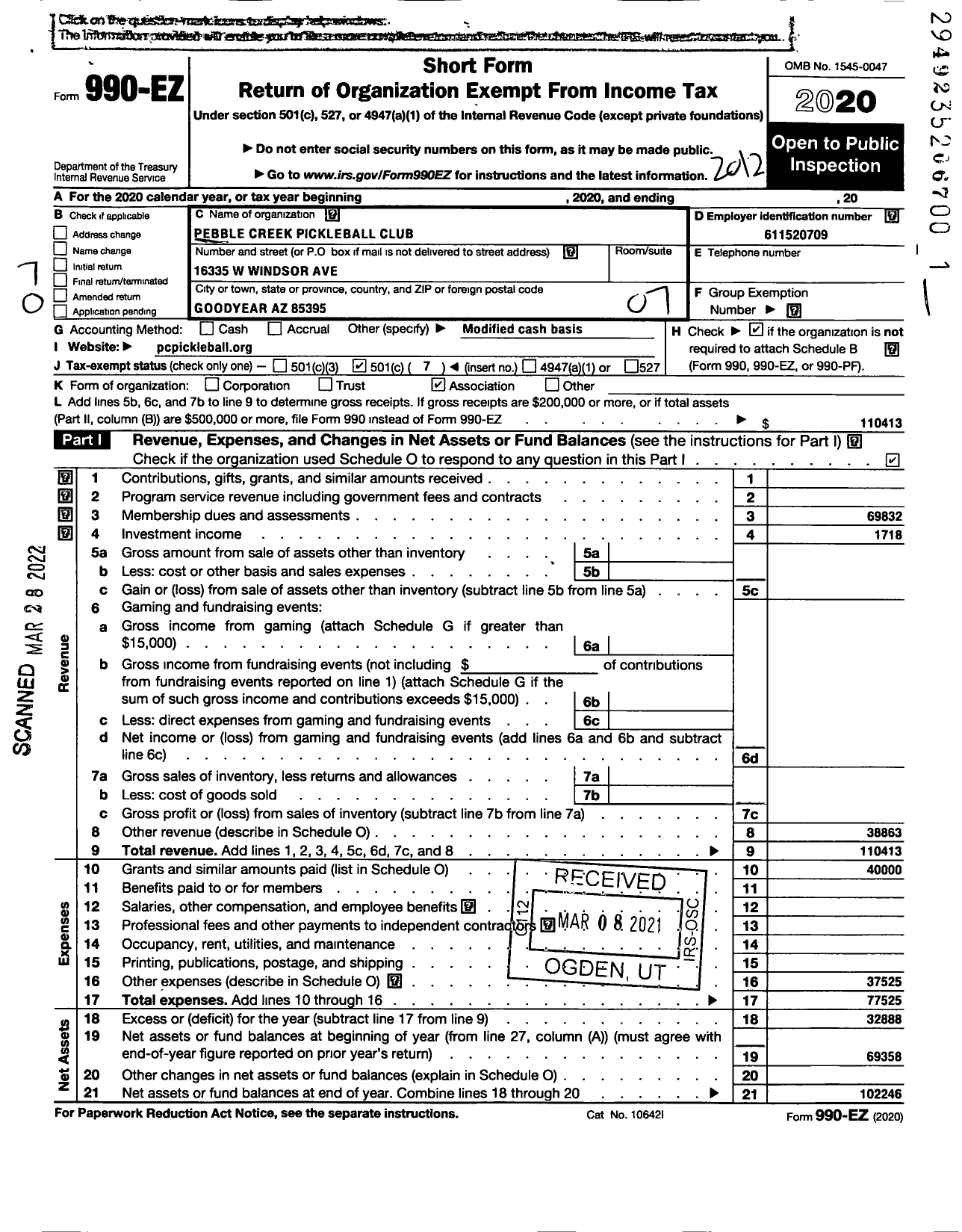 Image of first page of 2020 Form 990EO for Pebble Creek Pickleball Club