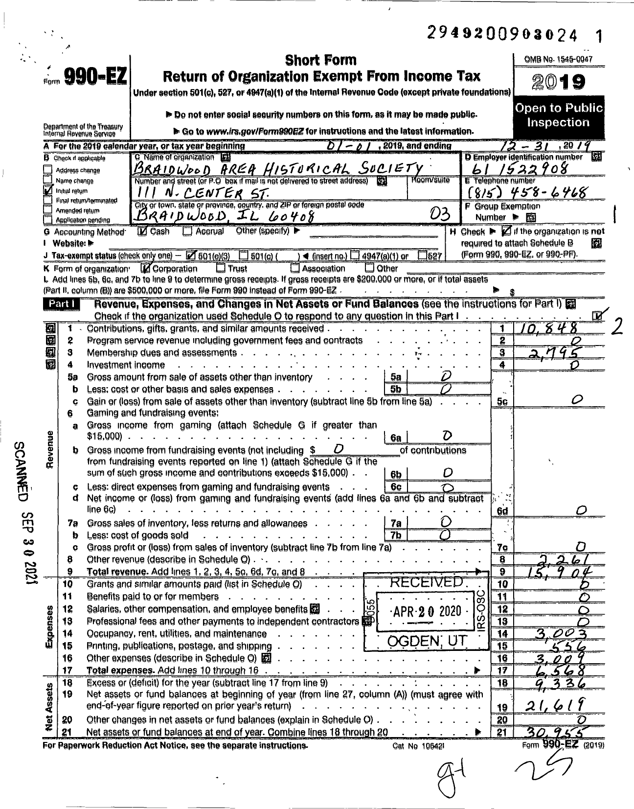 Image of first page of 2019 Form 990EZ for Braidwood Area Historical Society