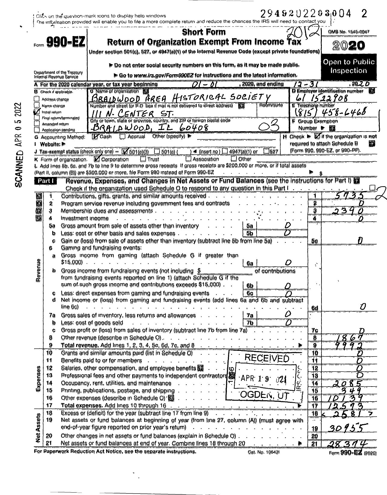 Image of first page of 2020 Form 990EZ for Braidwood Area Historical Society