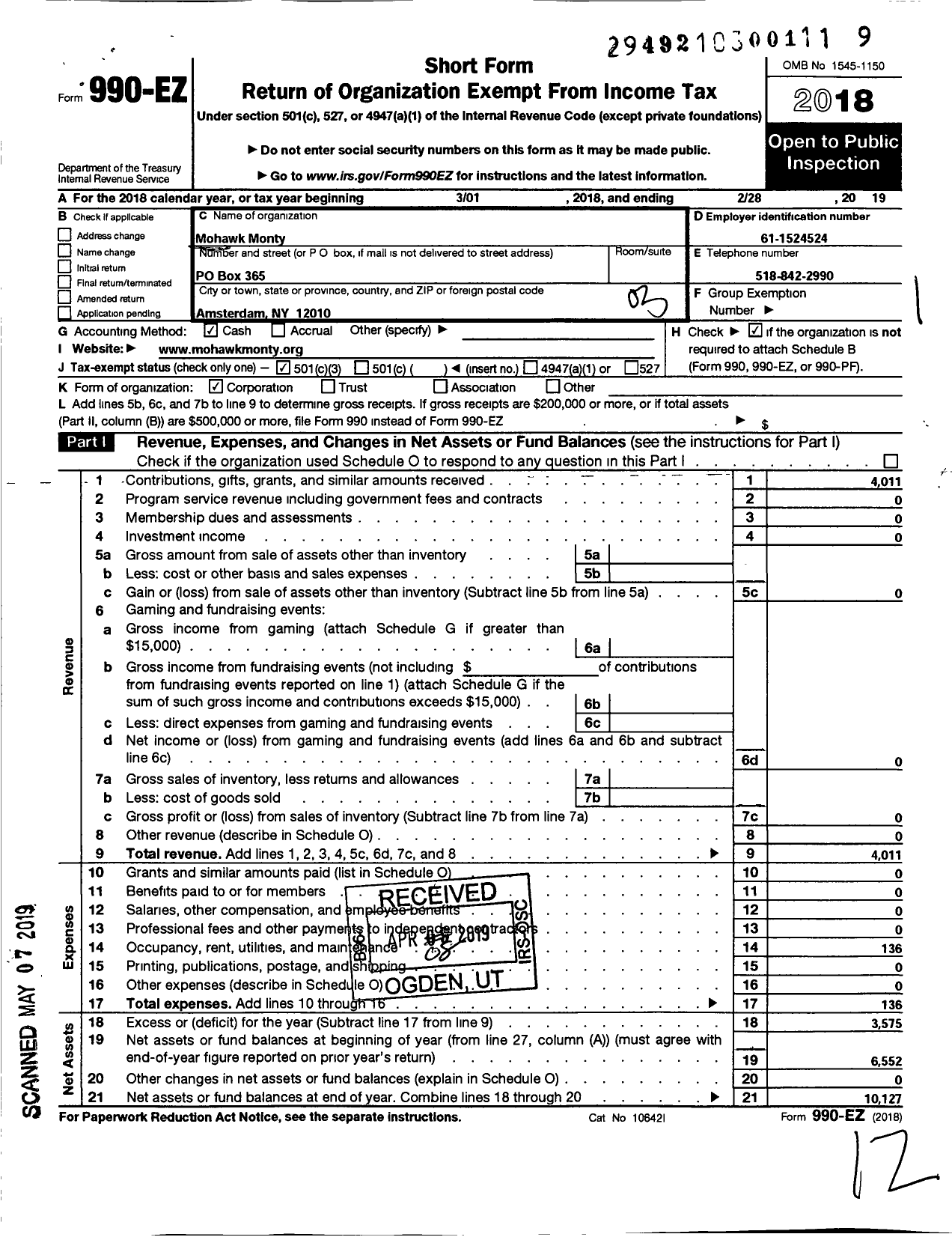 Image of first page of 2018 Form 990EZ for Mohawk Monty