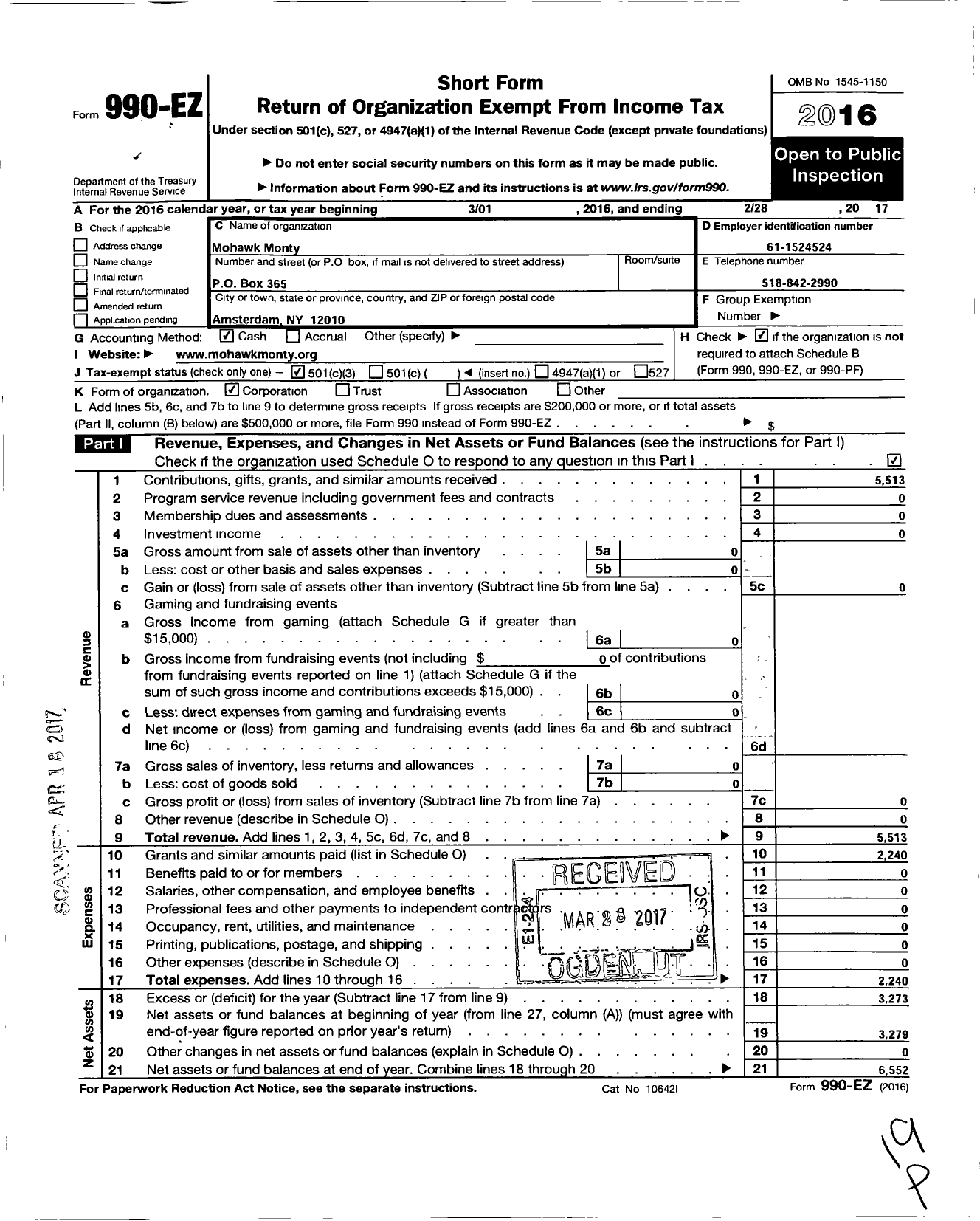 Image of first page of 2016 Form 990EZ for Mohawk Monty