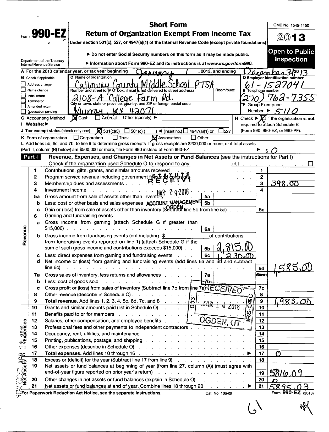 Image of first page of 2013 Form 990EZ for PTA Kentucky Congress / Calloway County Middle School Ptsa