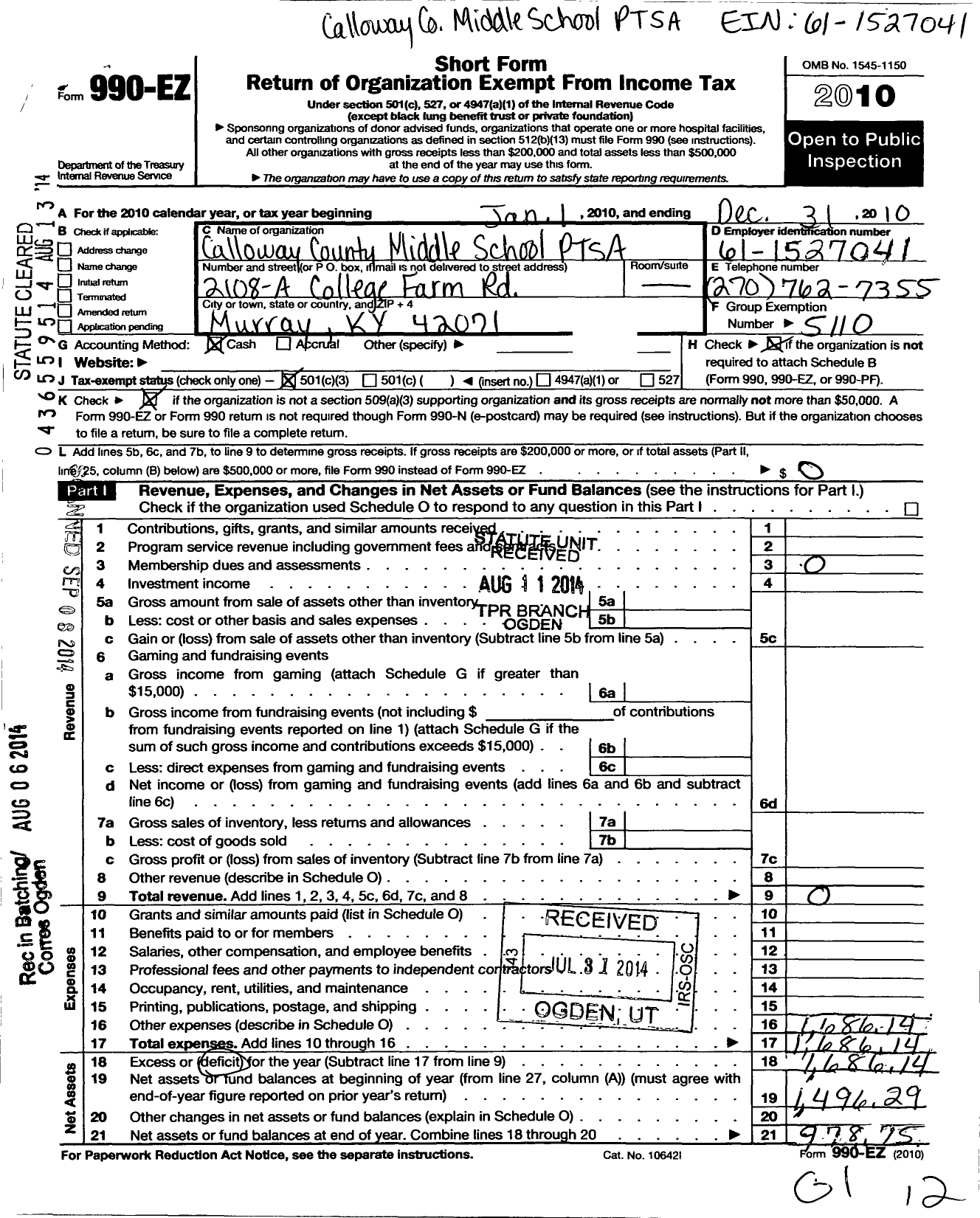 Image of first page of 2010 Form 990EZ for PTA Kentucky Congress / Calloway County Middle School Ptsa