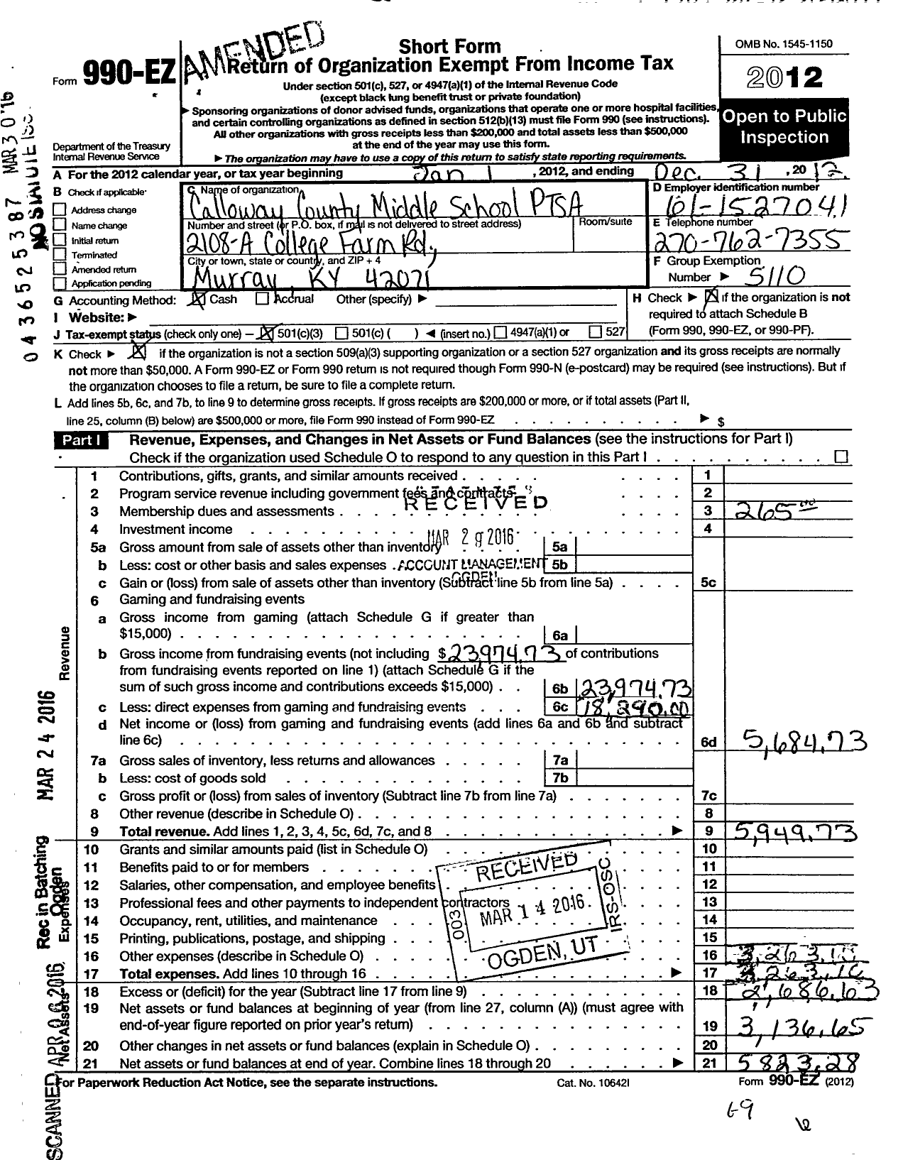 Image of first page of 2012 Form 990EZ for PTA Kentucky Congress / Calloway County Middle School Ptsa
