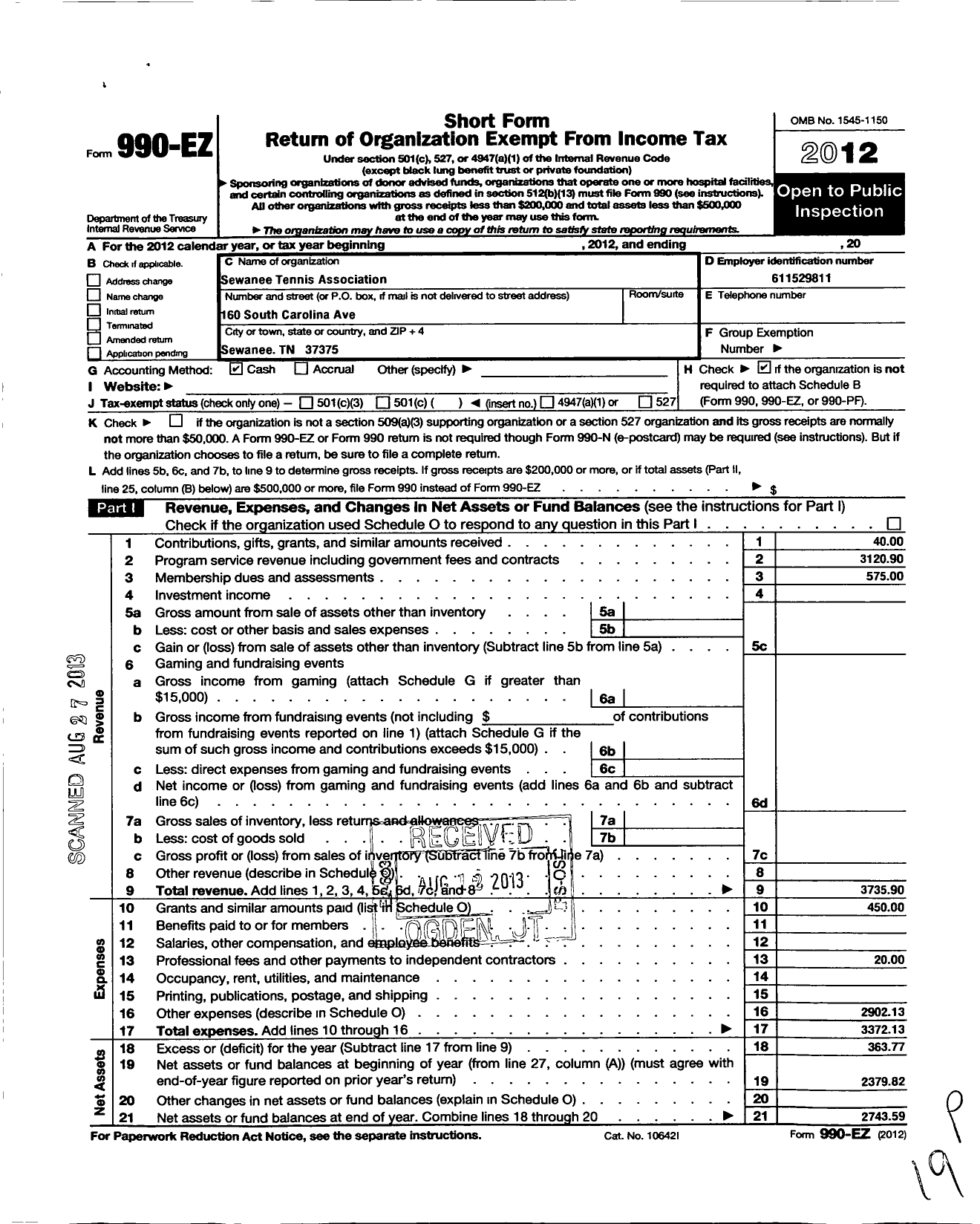 Image of first page of 2012 Form 990EO for Sewanee Tennis Association