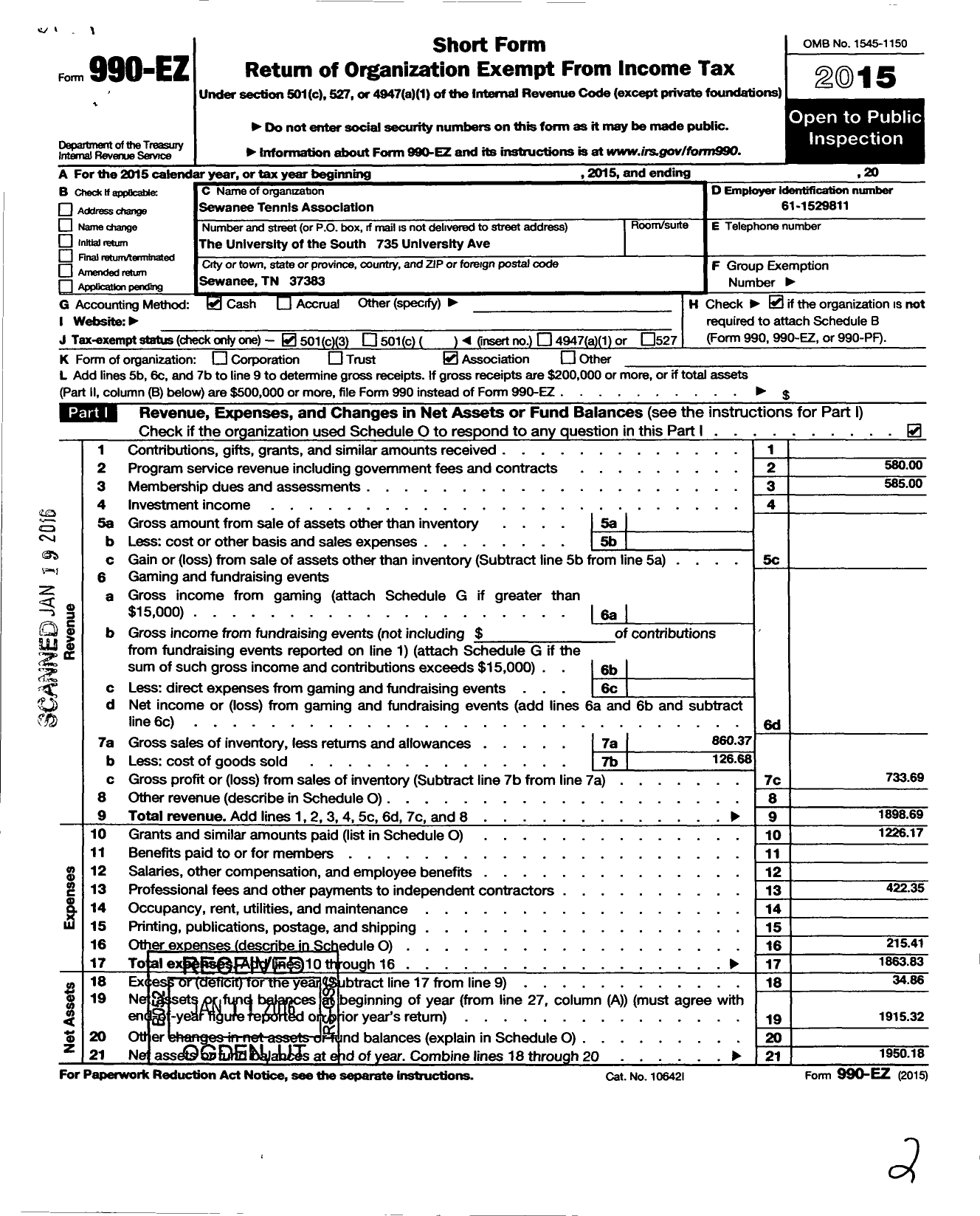 Image of first page of 2015 Form 990EZ for Sewanee Tennis Association