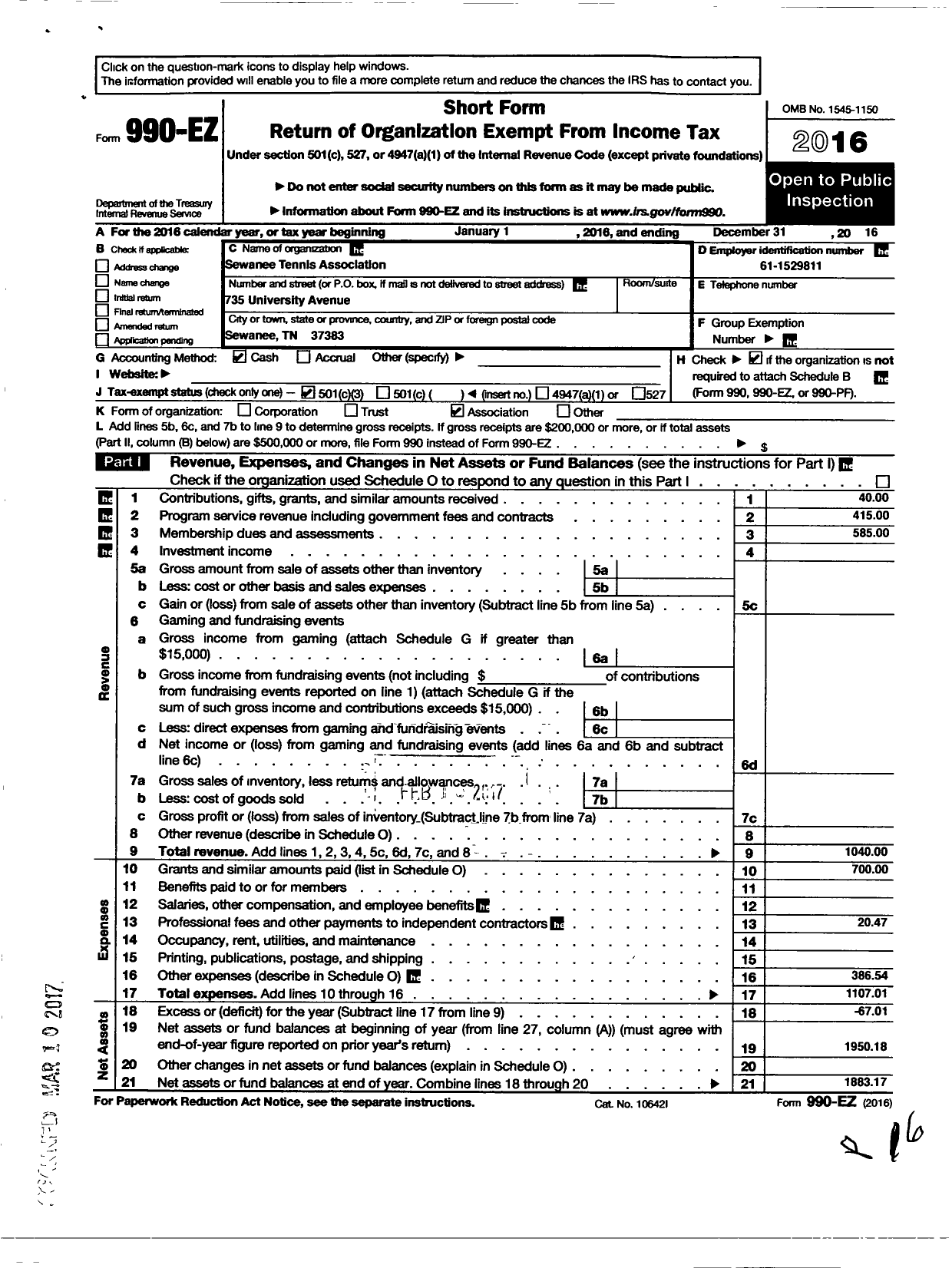 Image of first page of 2016 Form 990EZ for Sewanee Tennis Association