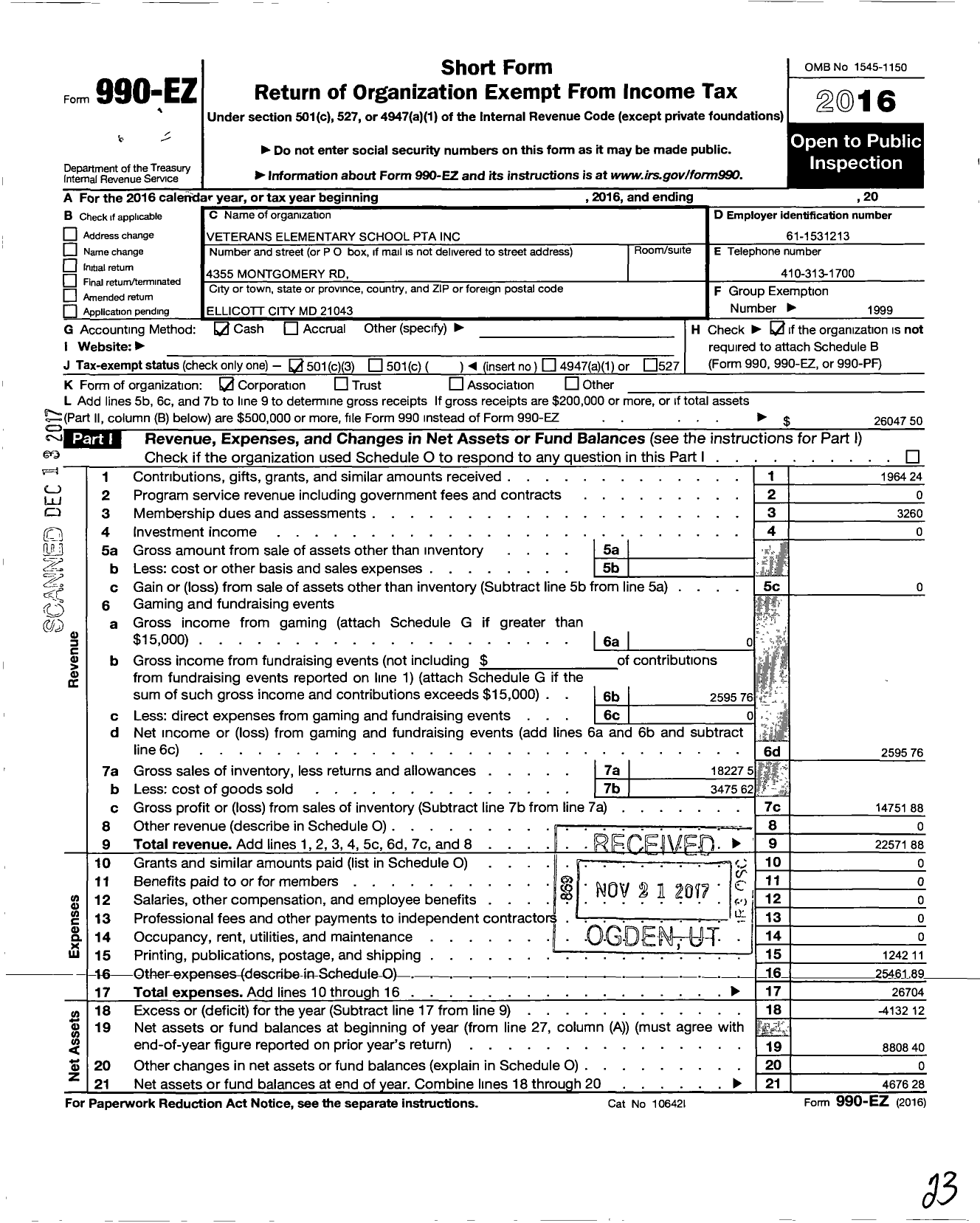 Image of first page of 2016 Form 990EZ for PTA Delaware Congress / Veterans Elementary School PTA