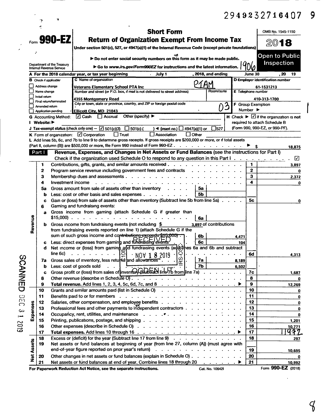 Image of first page of 2018 Form 990EZ for PTA Delaware Congress / Veterans Elementary School PTA