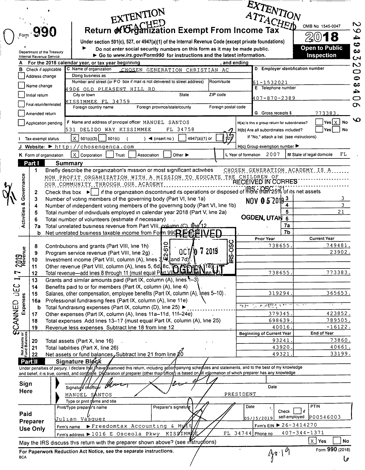 Image of first page of 2018 Form 990 for Chosen Generation Christian Academy