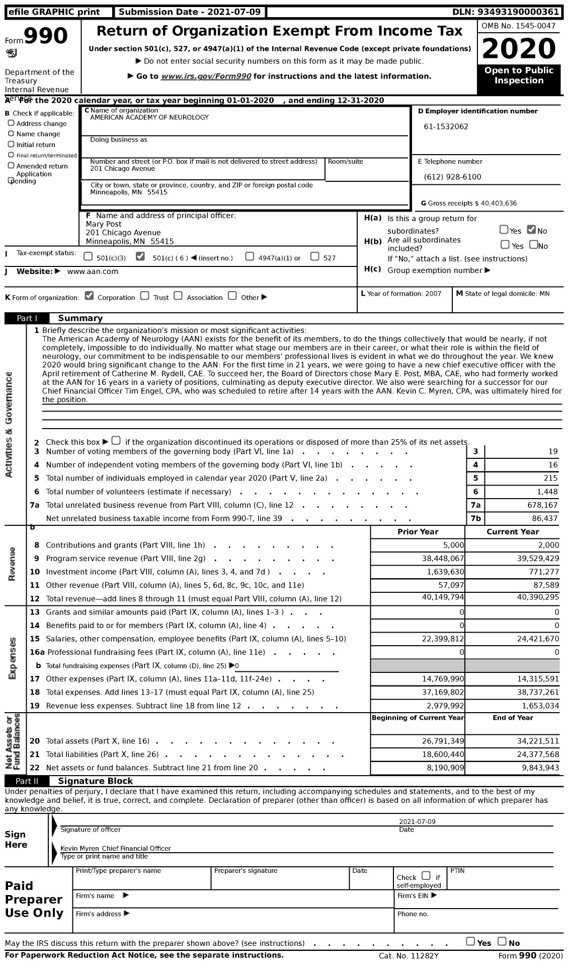 Image of first page of 2020 Form 990 for American Academy of Neurology