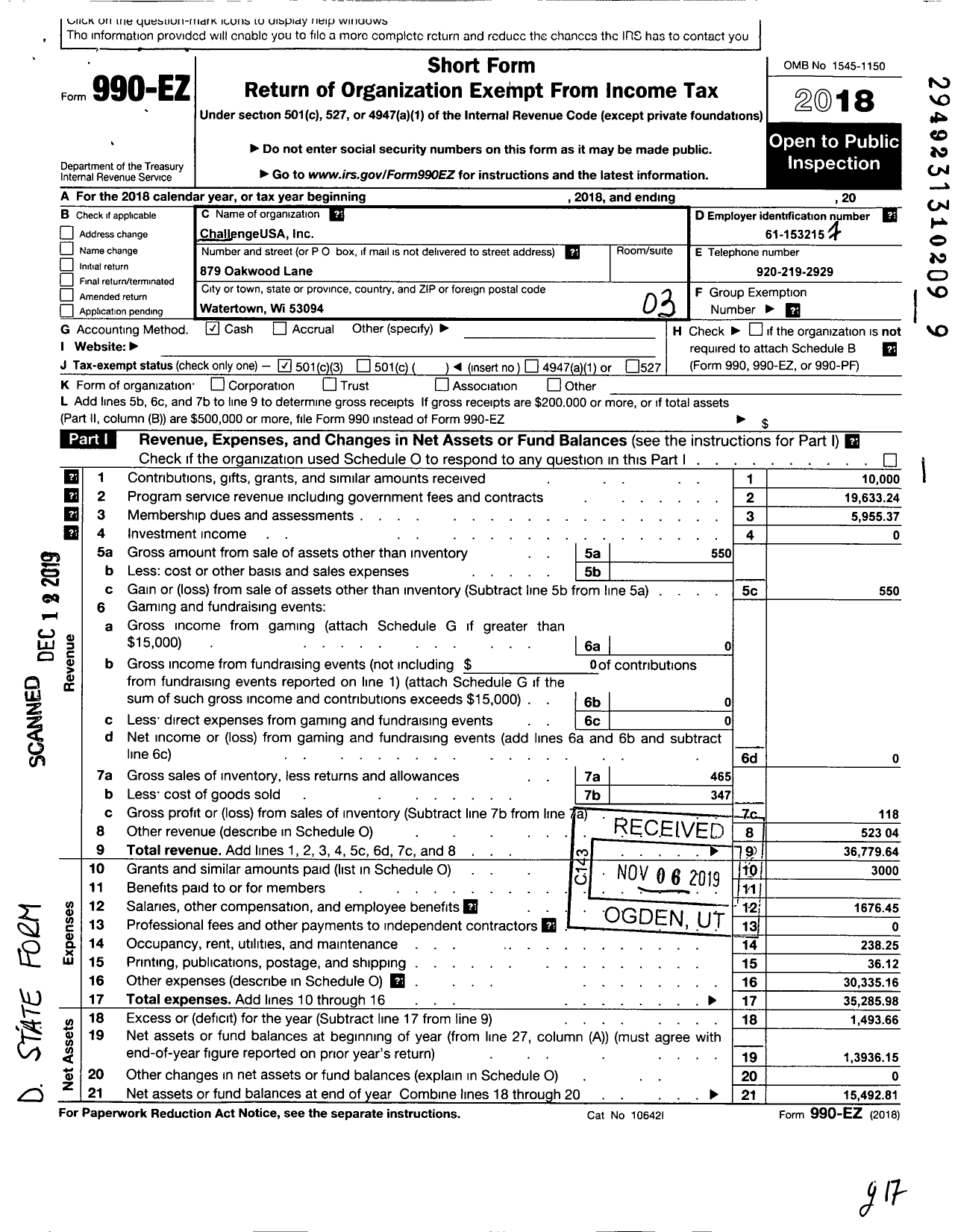 Image of first page of 2018 Form 990EZ for Challenge USA