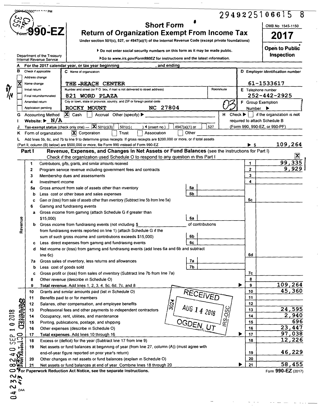 Image of first page of 2017 Form 990EZ for The Reach Center