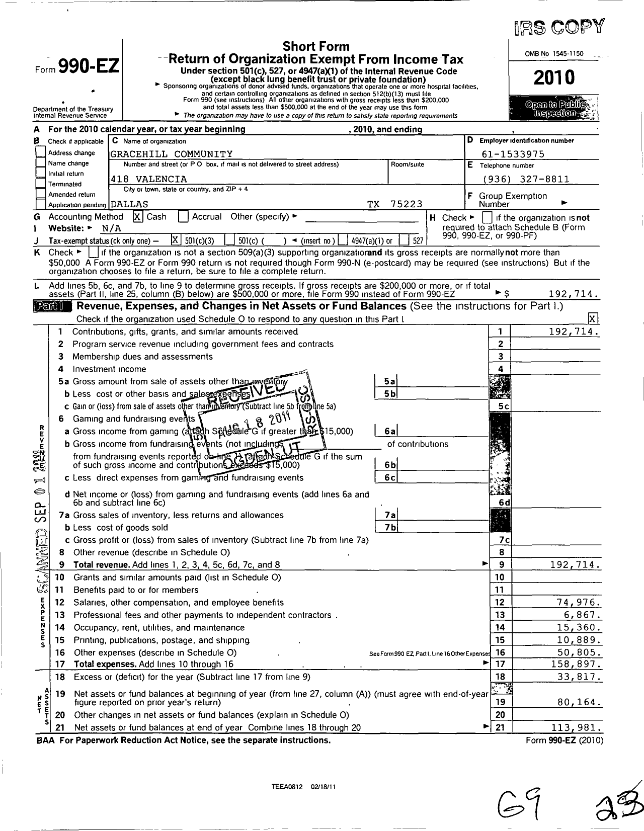 Image of first page of 2010 Form 990EZ for Gracehill Community