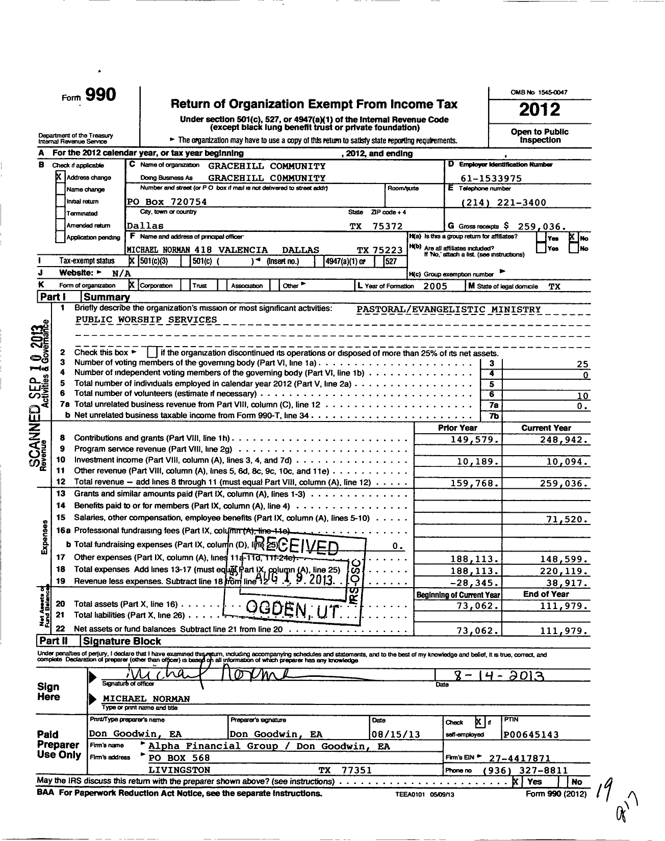 Image of first page of 2012 Form 990 for Gracehill Community