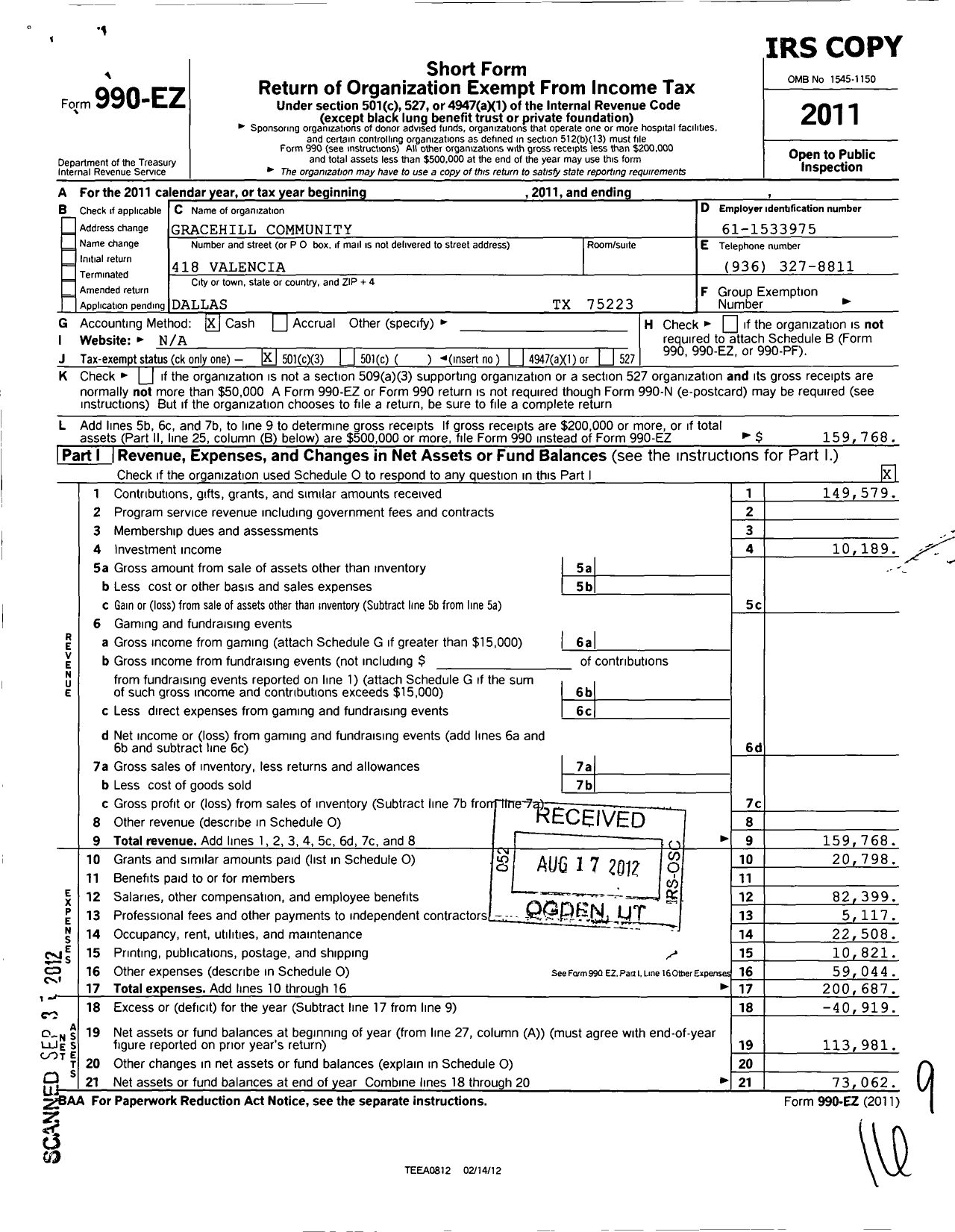 Image of first page of 2011 Form 990EZ for Gracehill Community