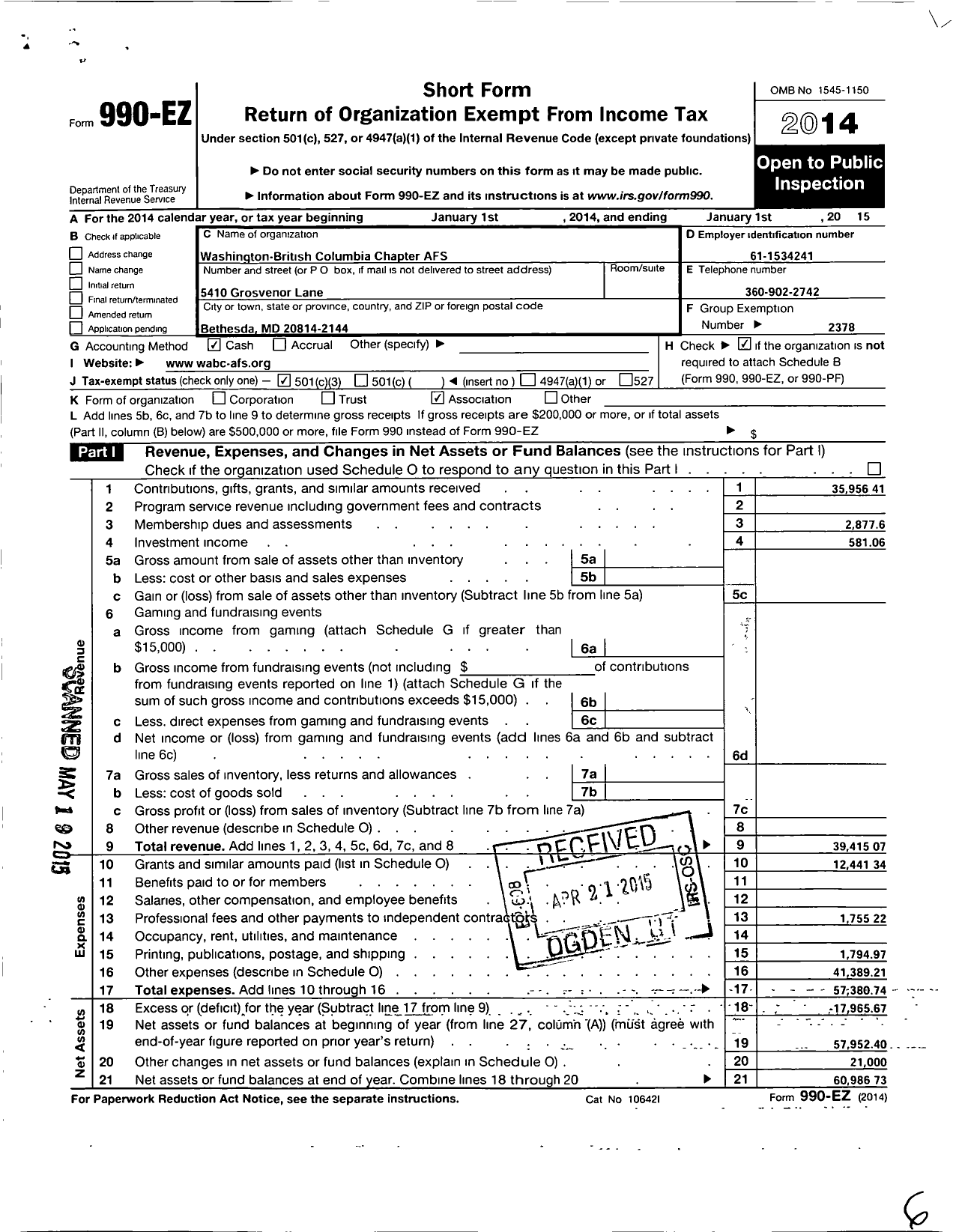 Image of first page of 2014 Form 990EZ for American Fisheries Society / Washington-British Columbia