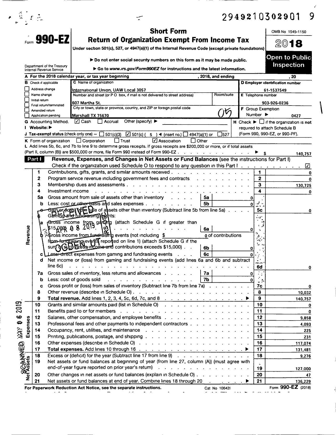 Image of first page of 2018 Form 990EO for UAW - Local Union 3057 UAW