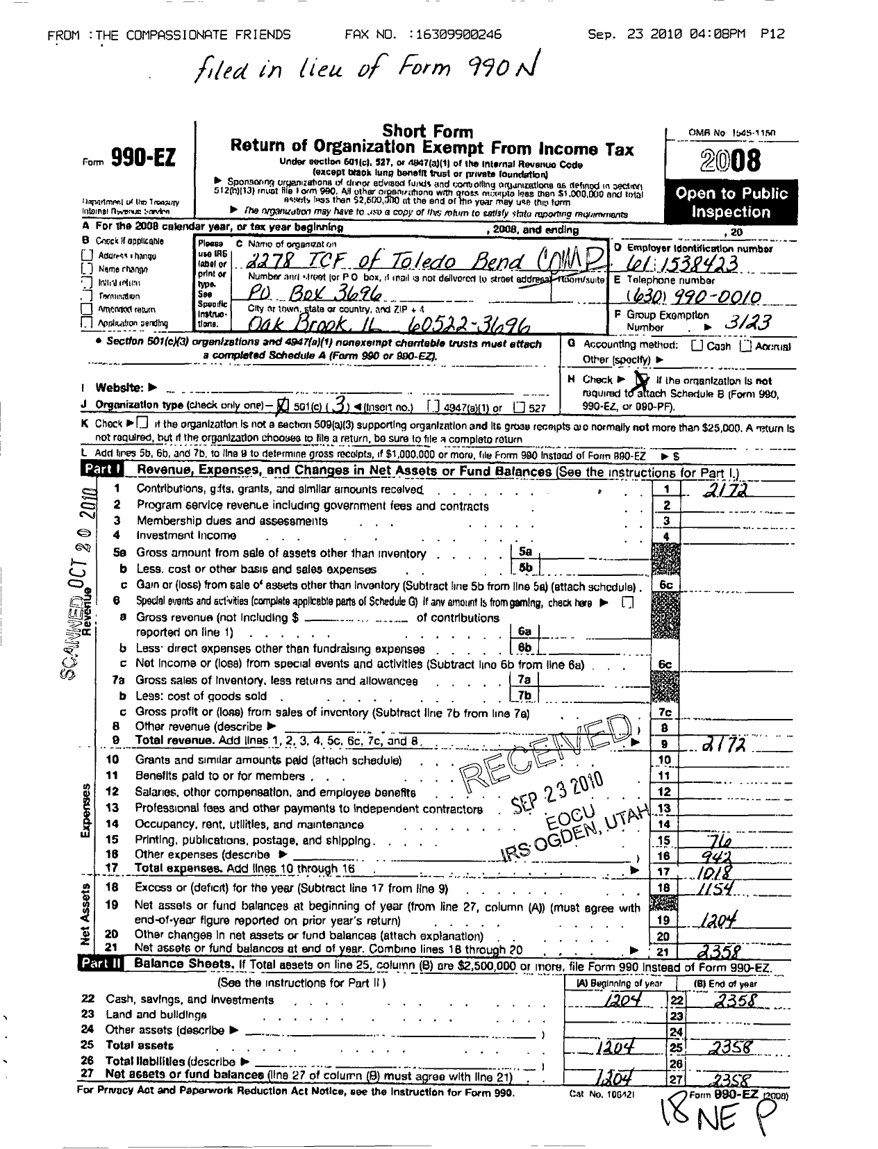 Image of first page of 2008 Form 990EZ for The Compassionate Friends - 2278 TCF of Toledo Bend