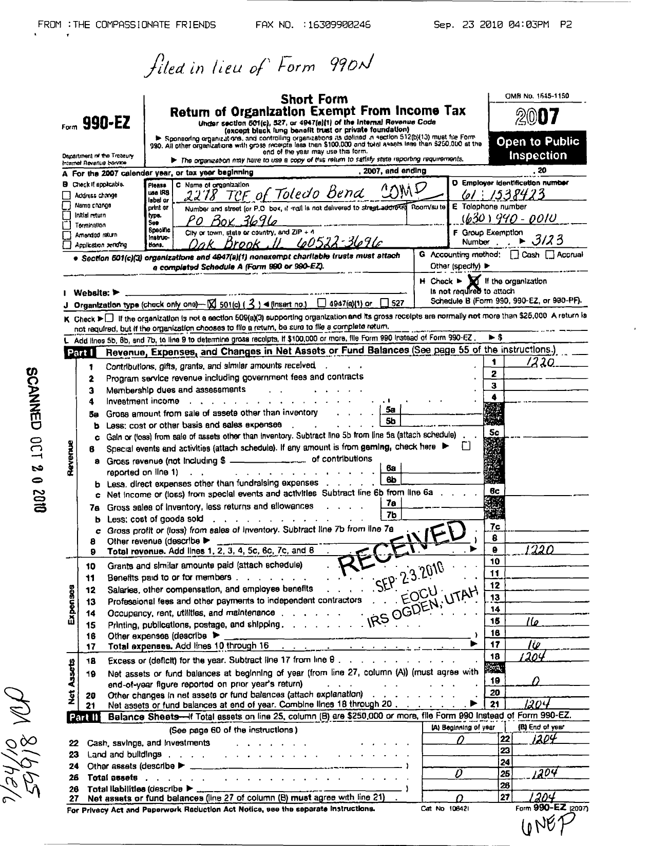 Image of first page of 2007 Form 990EZ for The Compassionate Friends - 2278 TCF of Toledo Bend