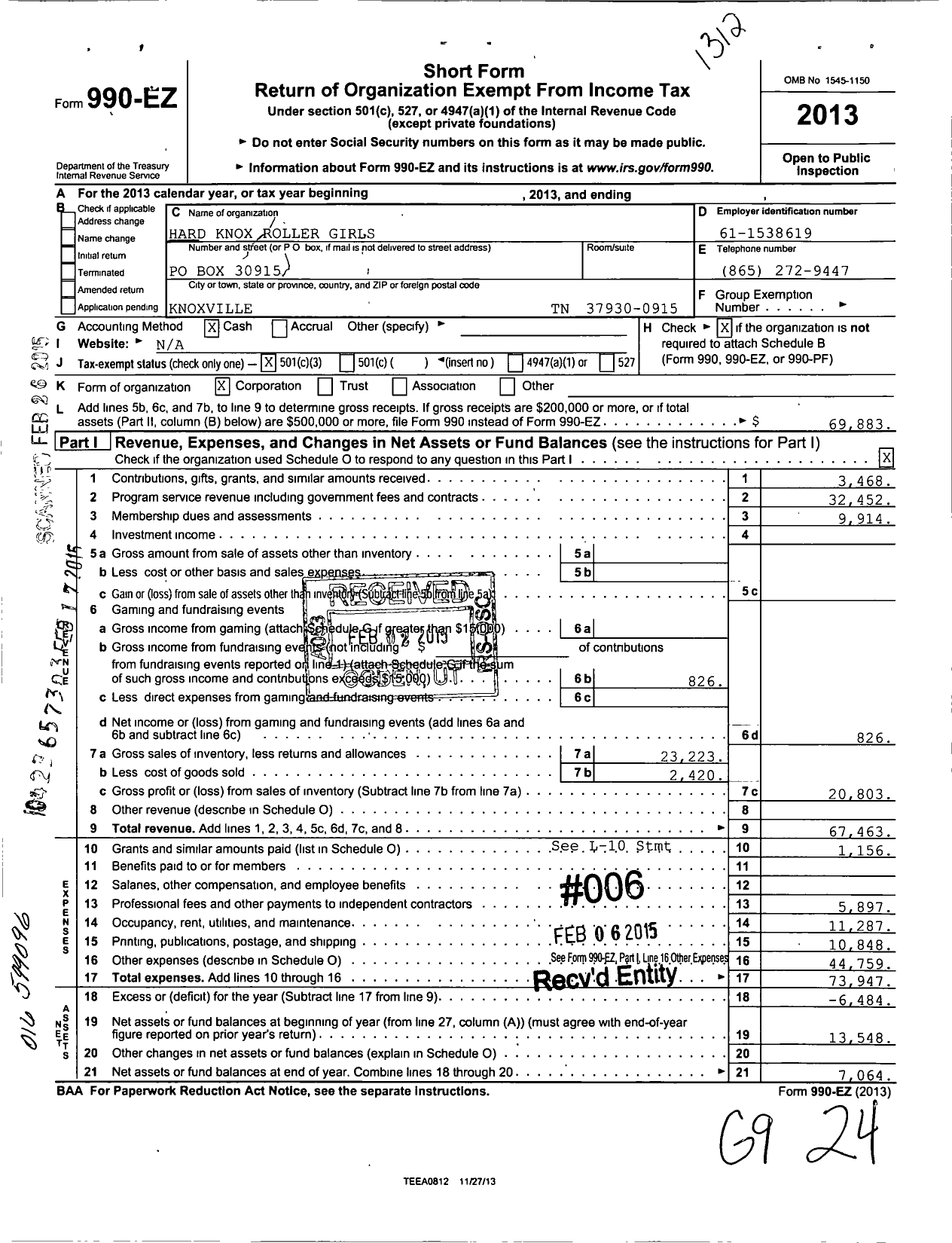 Image of first page of 2013 Form 990EZ for Hard Knox Roller Derby