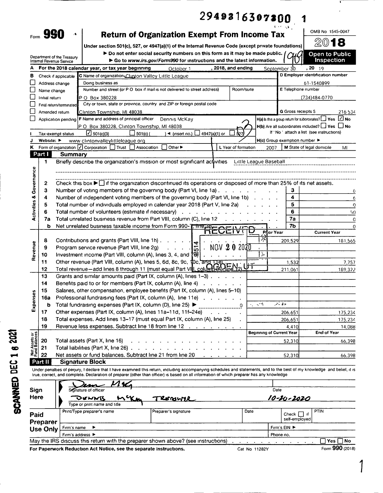 Image of first page of 2018 Form 990 for Little League Baseball - 1220631 Clinton Valley LL