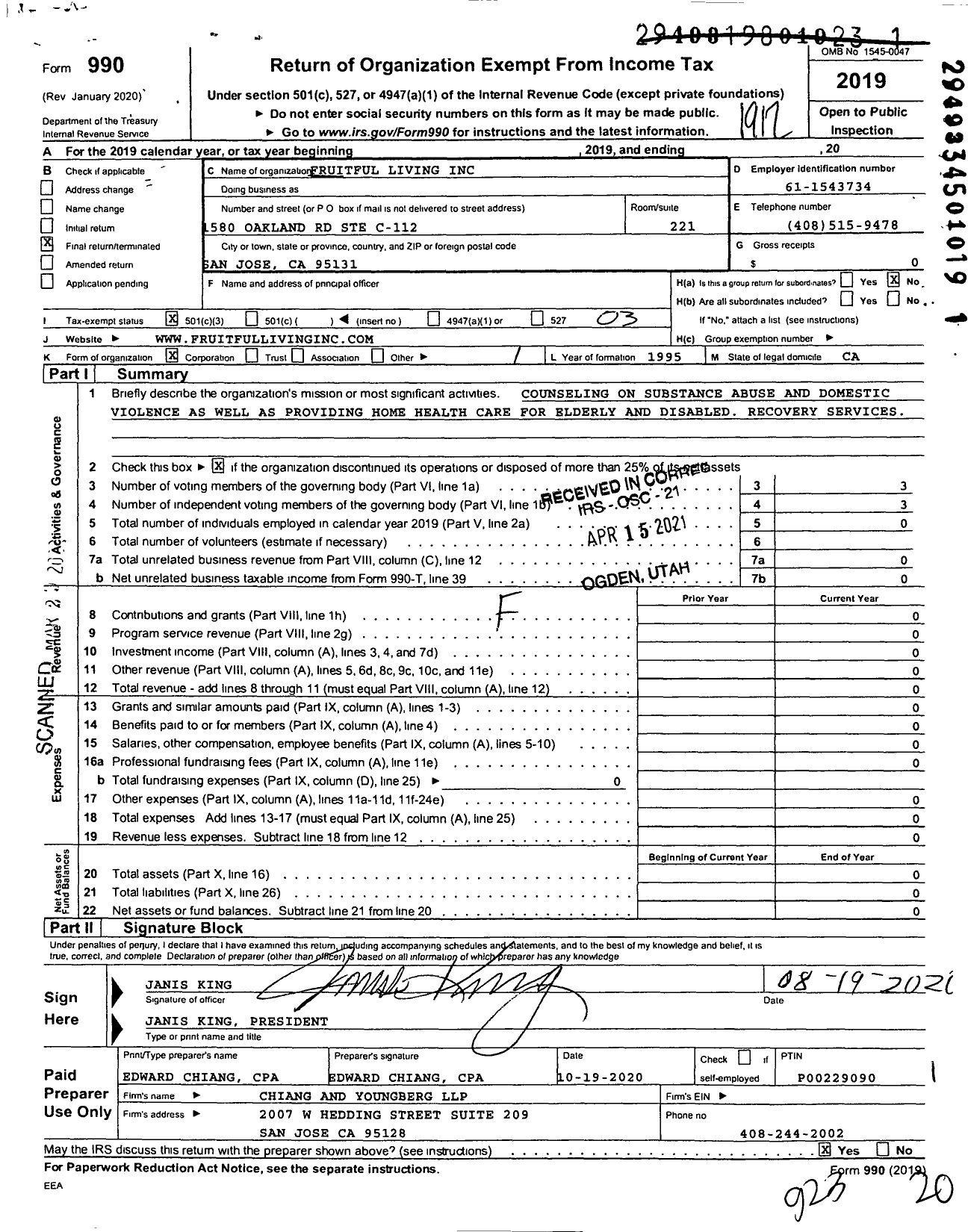 Image of first page of 2019 Form 990 for Fruitful Living