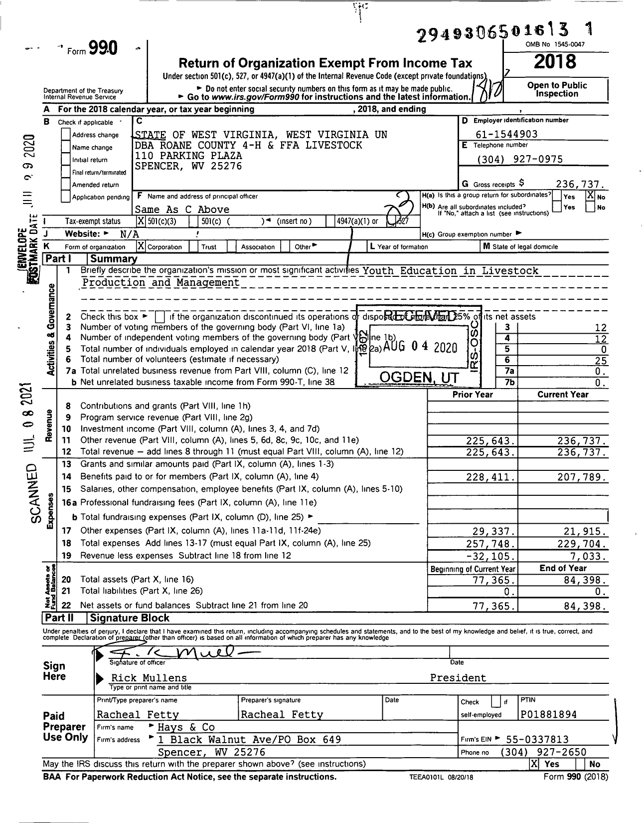 Image of first page of 2018 Form 990 for Roane County 4-H and Ffa Livesto