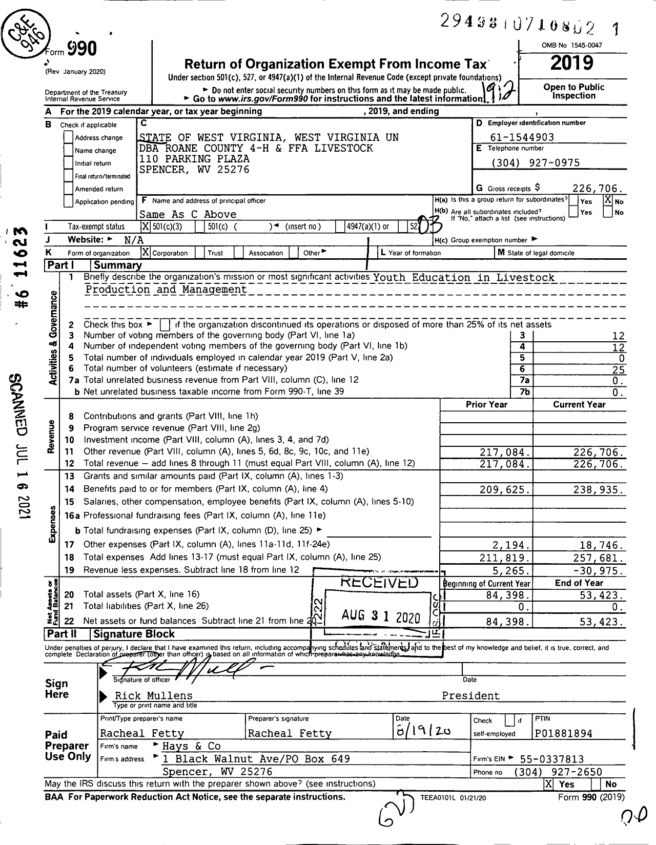 Image of first page of 2019 Form 990 for Roane County 4-H and Ffa Livesto