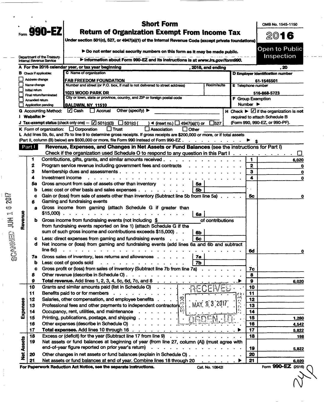 Image of first page of 2016 Form 990EZ for Fab Freedom Foundation