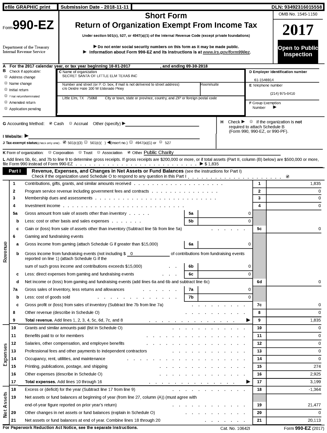 Image of first page of 2017 Form 990EZ for Secret Santa of Little Elm Texas