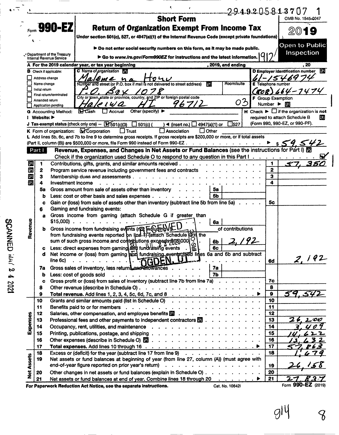 Image of first page of 2019 Form 990EZ for Malama Na Honu