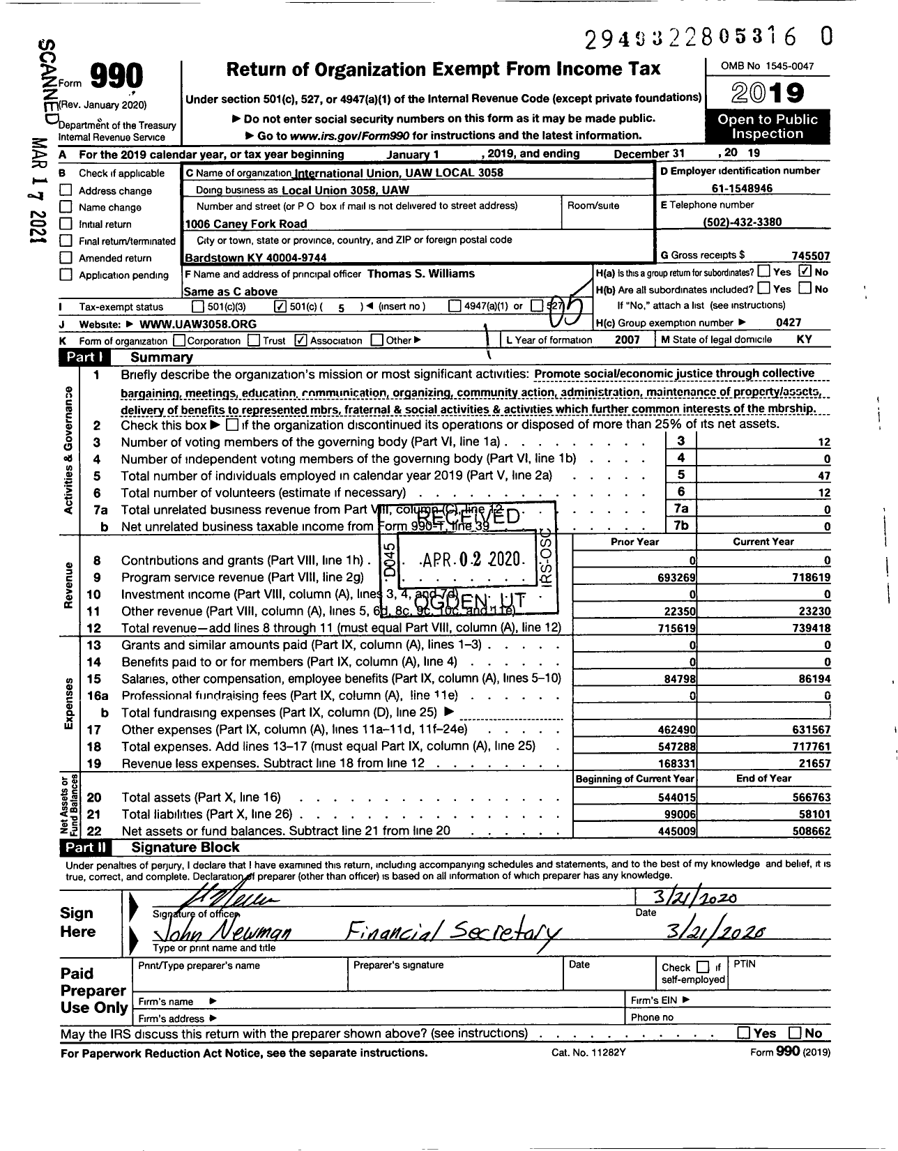 Image of first page of 2019 Form 990O for UAW - International Union UAW Local 3058