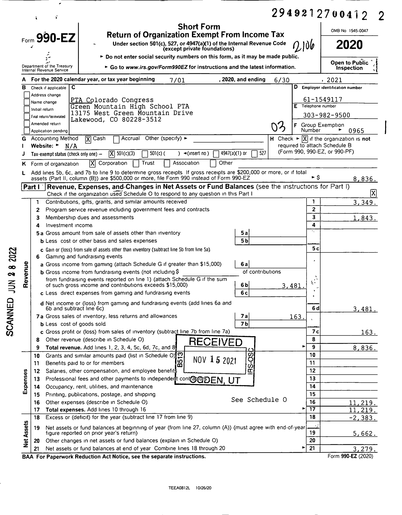 Image of first page of 2020 Form 990EZ for PTA Colorado Congress Green Mountain High School PTA