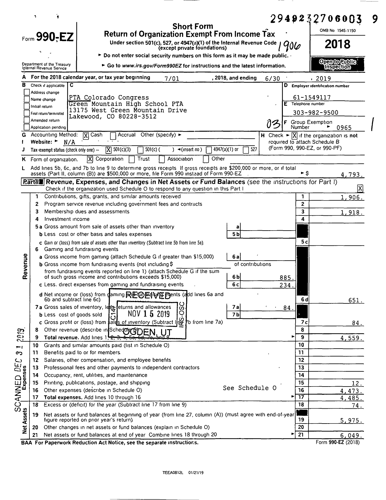 Image of first page of 2018 Form 990EZ for PTA Colorado Congress Green Mountain High School PTA