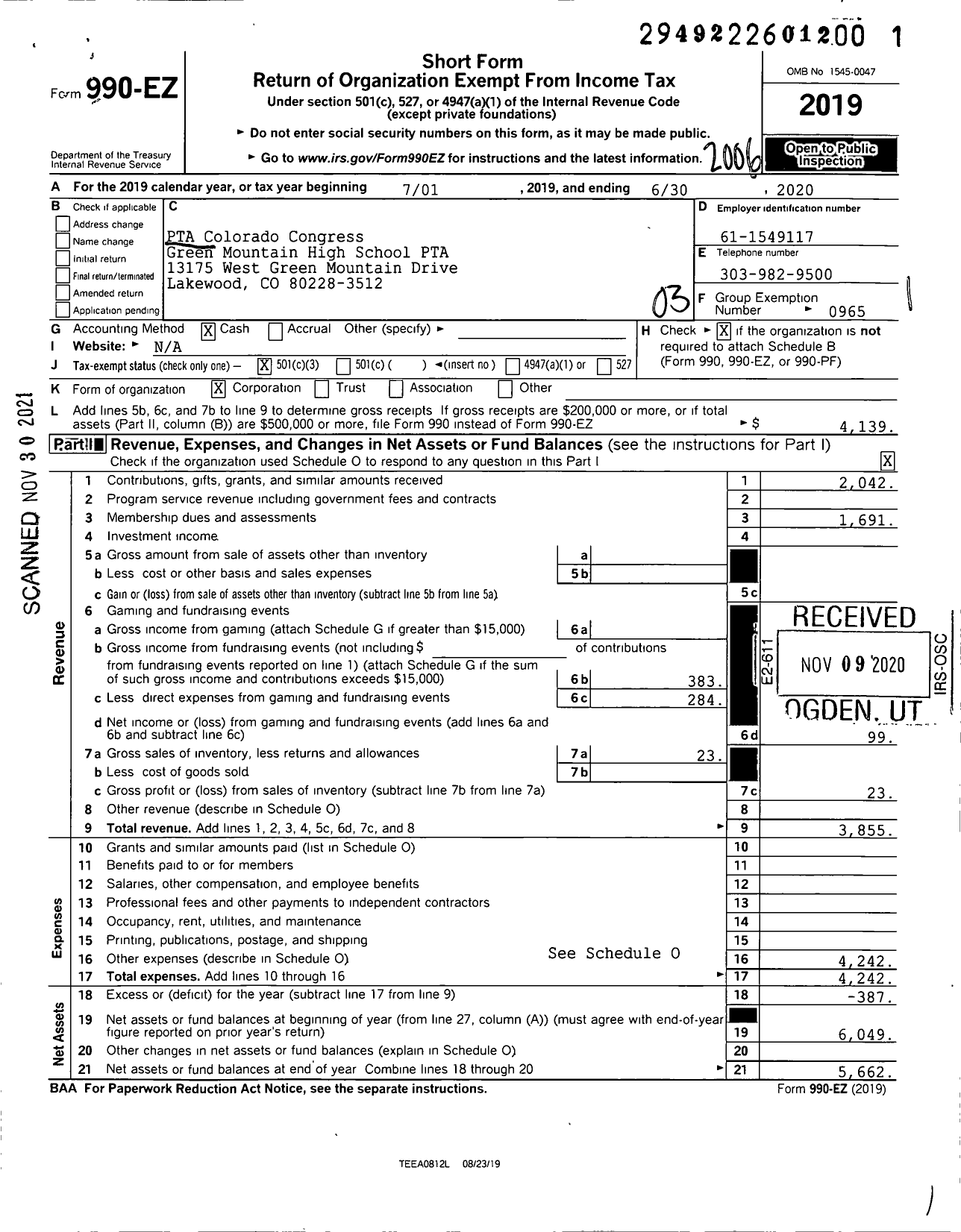 Image of first page of 2019 Form 990EZ for PTA Colorado Congress Green Mountain High School PTA
