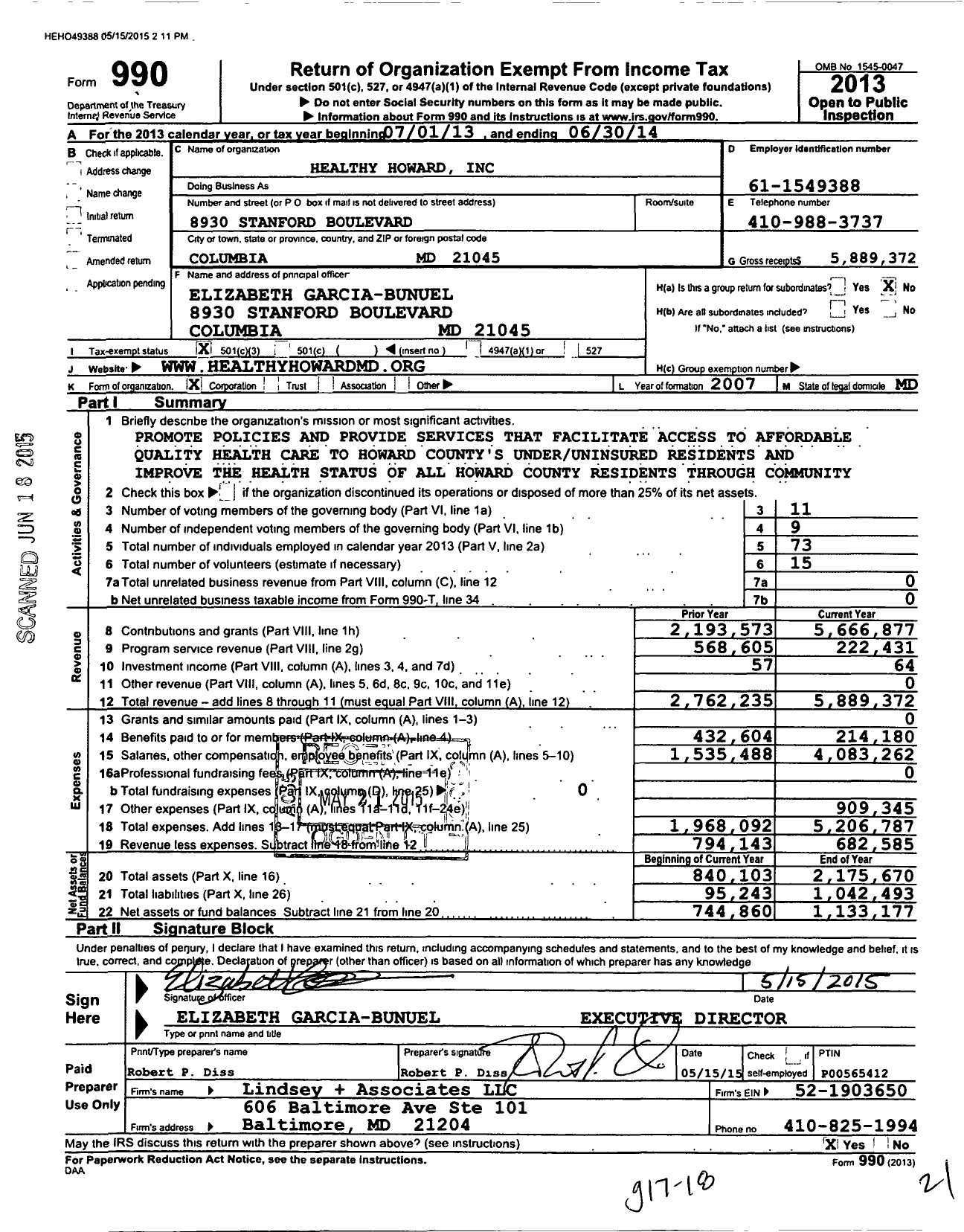 Image of first page of 2013 Form 990 for Healthy Howard