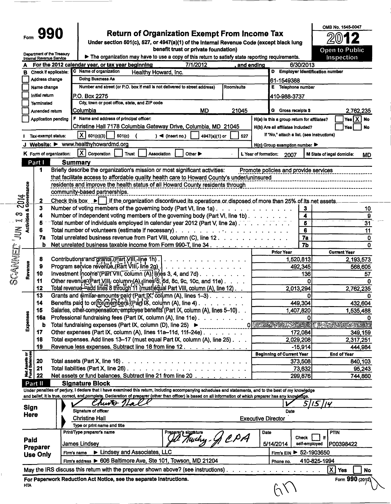 Image of first page of 2012 Form 990 for Healthy Howard