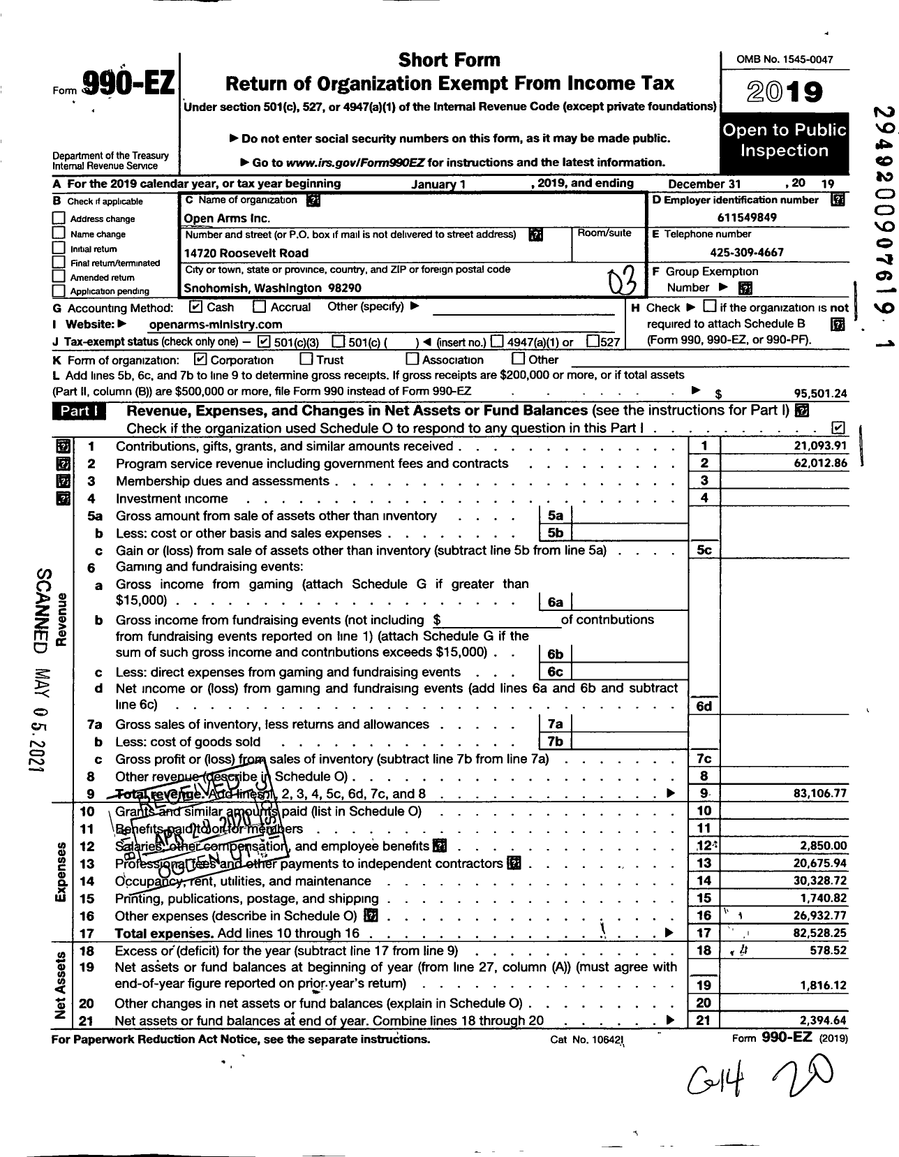 Image of first page of 2019 Form 990EZ for Open Arms