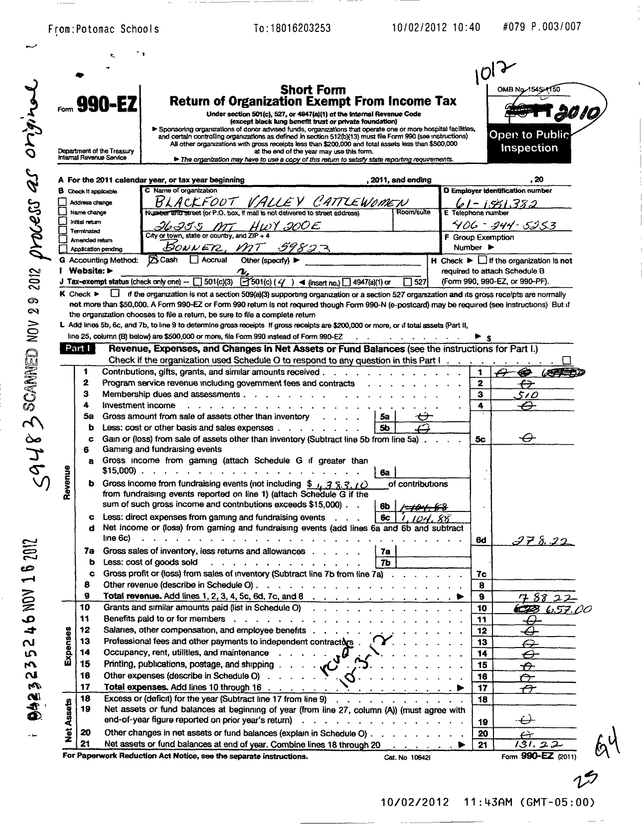 Image of first page of 2010 Form 990EO for Blackfoot Valley Cattlewomen