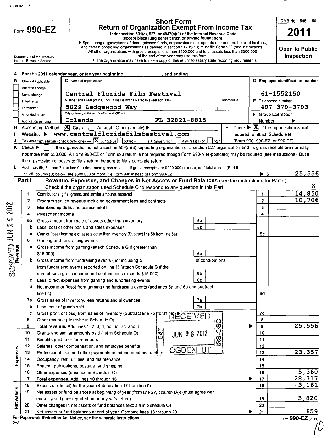 Image of first page of 2011 Form 990EZ for Central Florida Film Festival