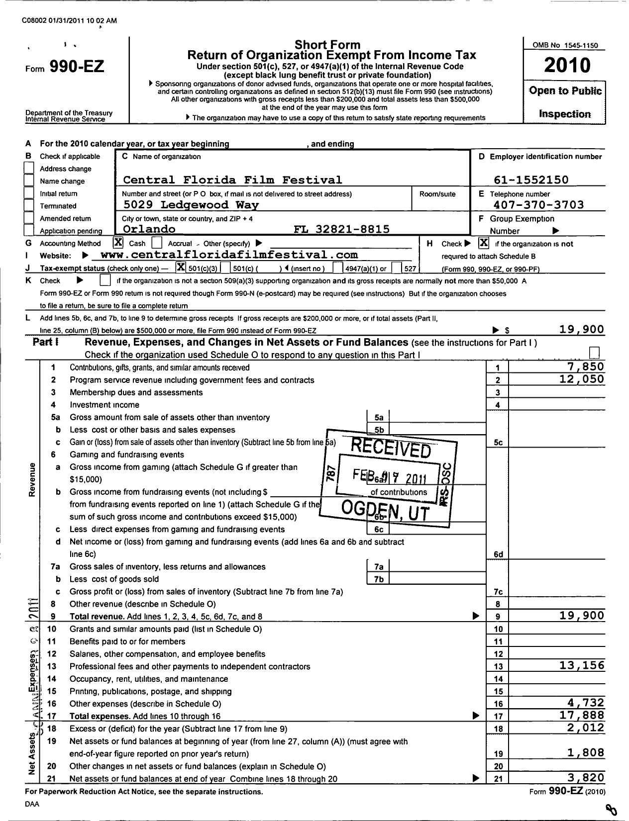 Image of first page of 2010 Form 990EZ for Central Florida Film Festival