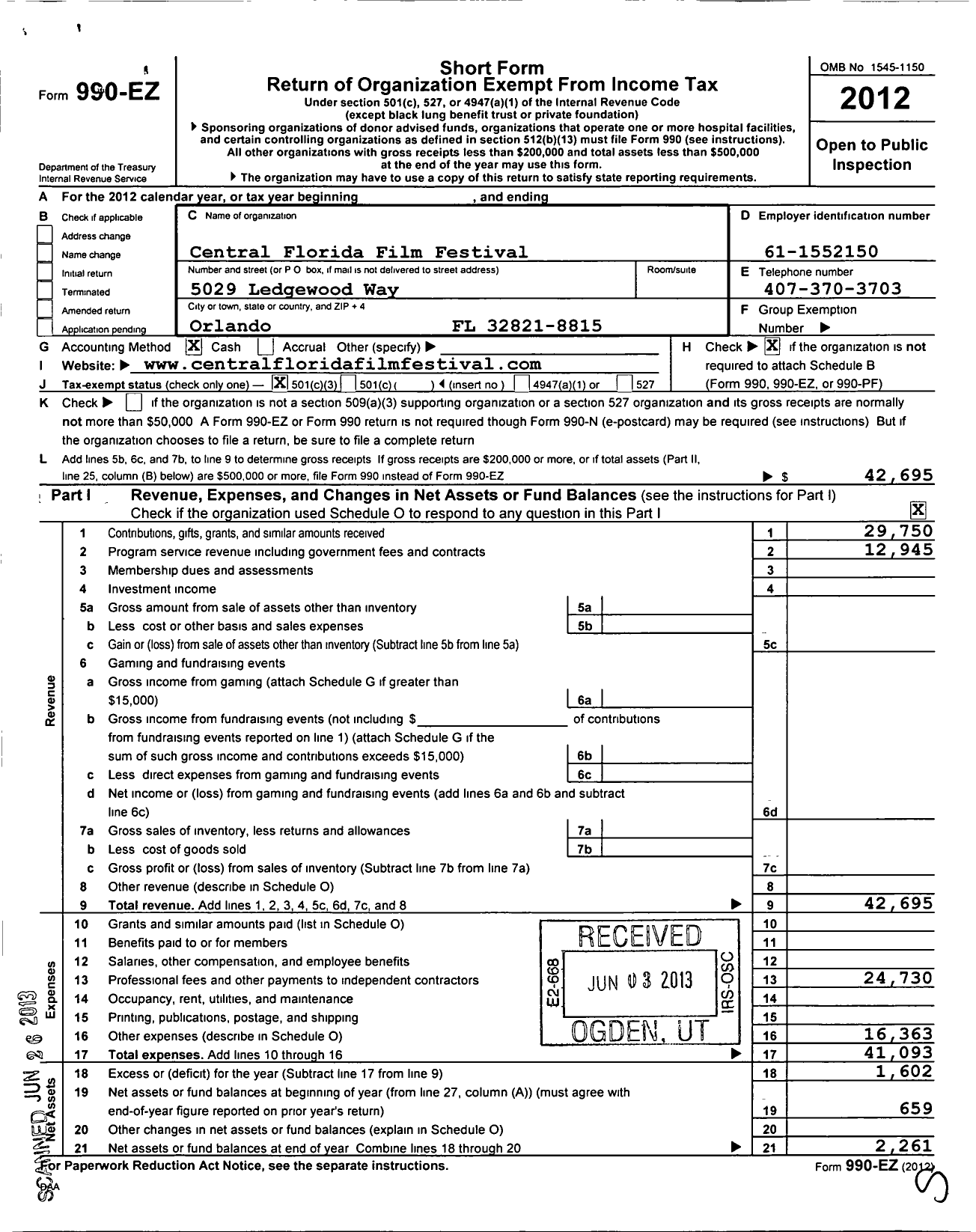 Image of first page of 2012 Form 990EZ for Central Florida Film Festival