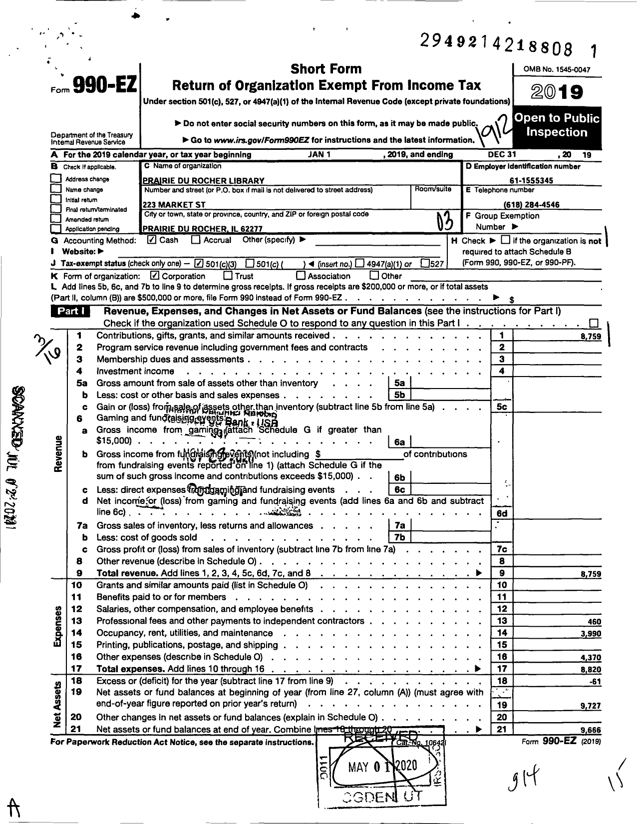 Image of first page of 2019 Form 990EZ for Prairie Du Rocher Community Library